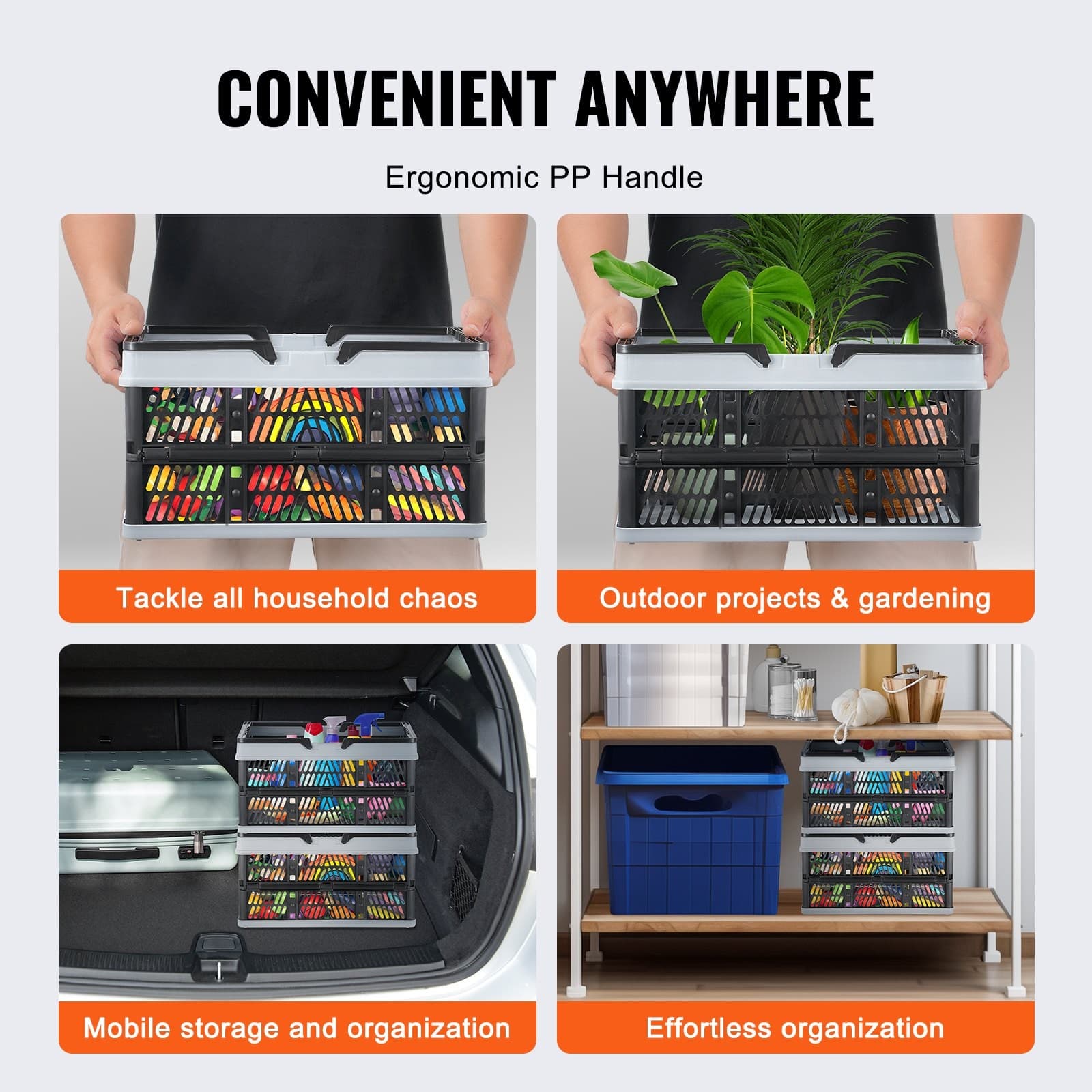 VEVOR Collapsible Shopping Basket,3 Pack,16L Plastic Foldable Storage Crate with 4