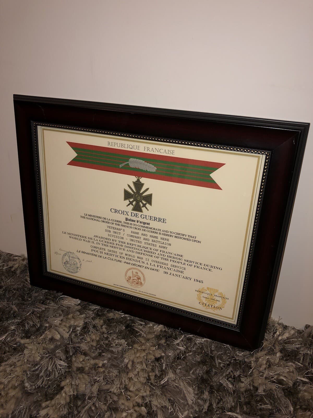 FRENCH CROIX DE GUERRE - w/SILVER PALM / WWII (COMMEMORATIVE CERTIFICATE) 5