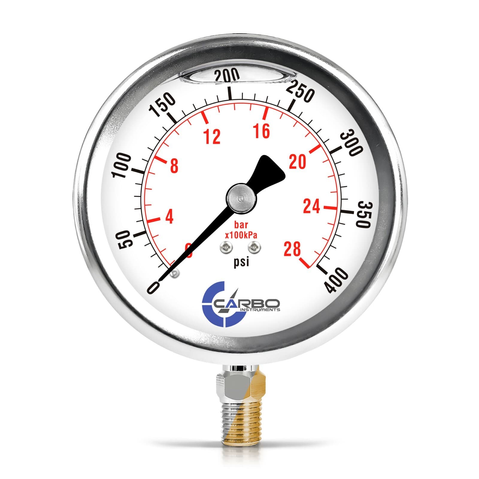 4" Pressure Gauge, Stainless Steel Case, Liquid Filled, Lower Mnt 400PSI