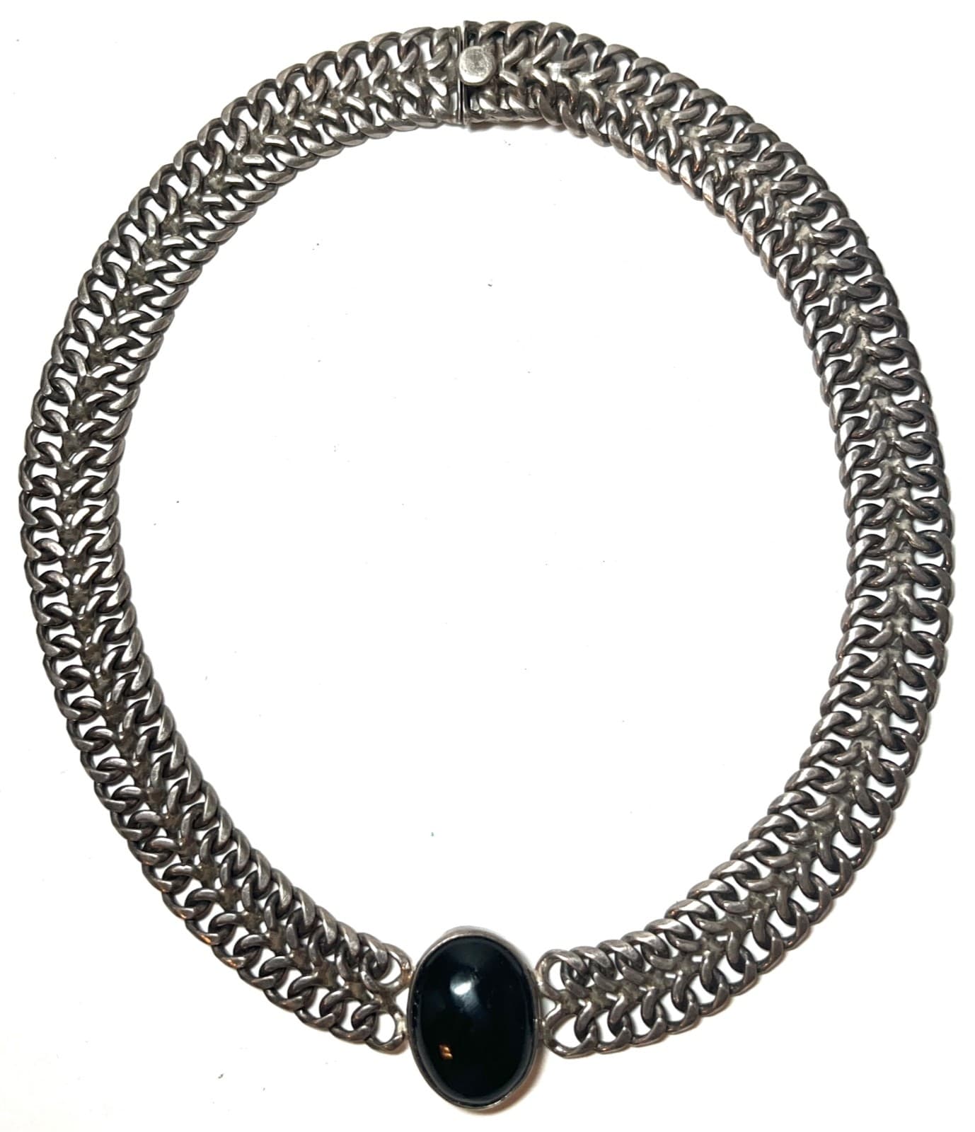 Massive Mexico 925 Silver Link Choker Necklace with Onyx center stone