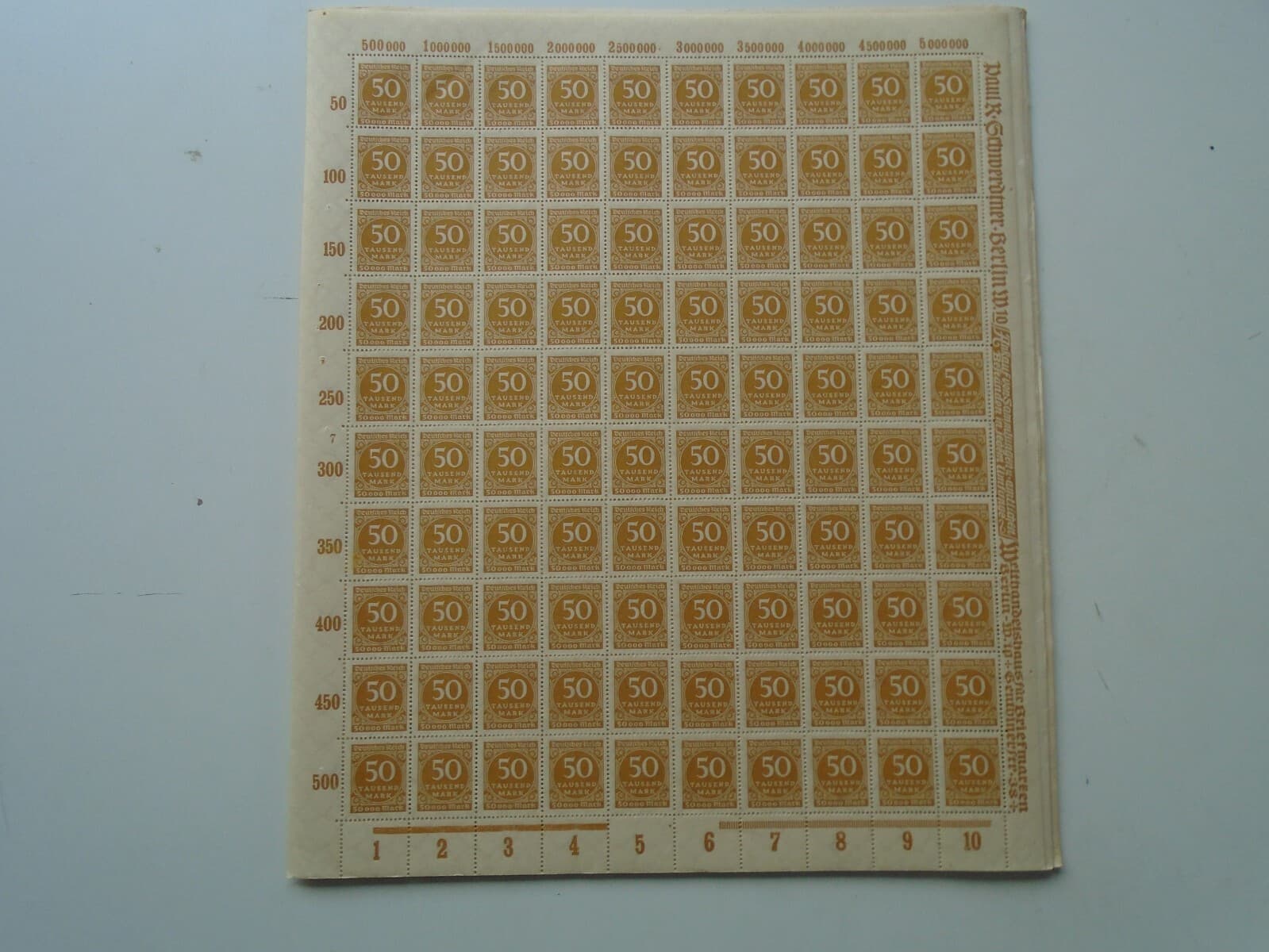 Germany - SG313 50T DM 1923 yellow bistre. 10 x complete sheets of 100 stamps. 3