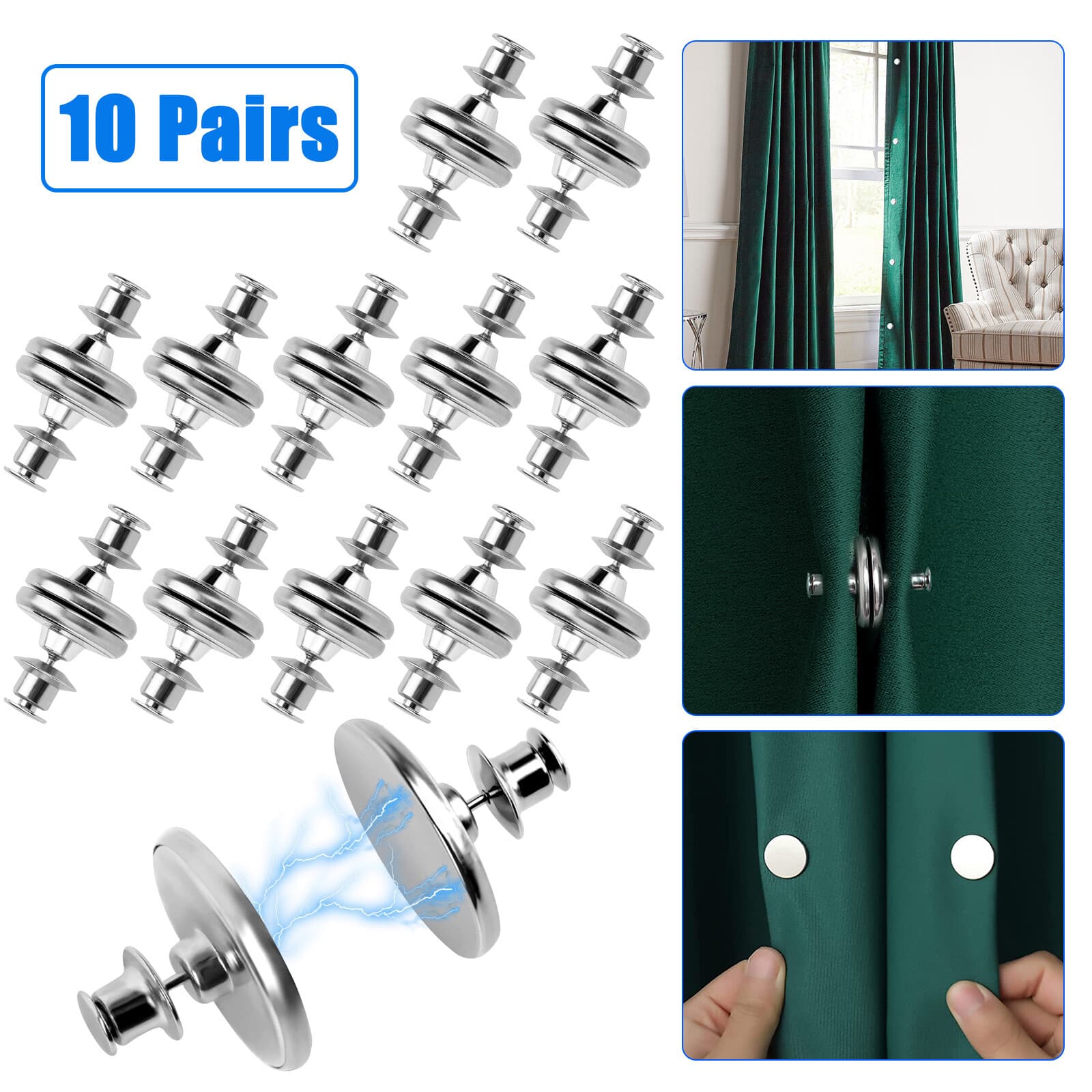 10 Pairs Magnetic Curtain Clips Nail Free Button Buckle Room Window Screen Decor