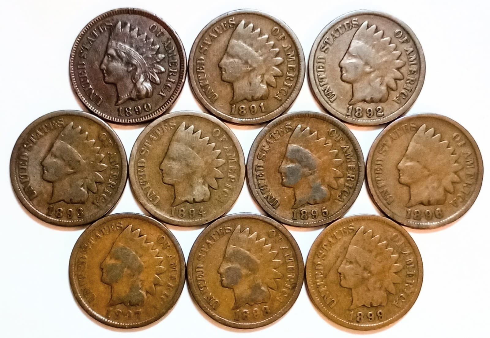 10 • Indian Head Cents•* 1890- 1899 *GOOD OR BETTER* • $ FREE SHIPPING $ #105
