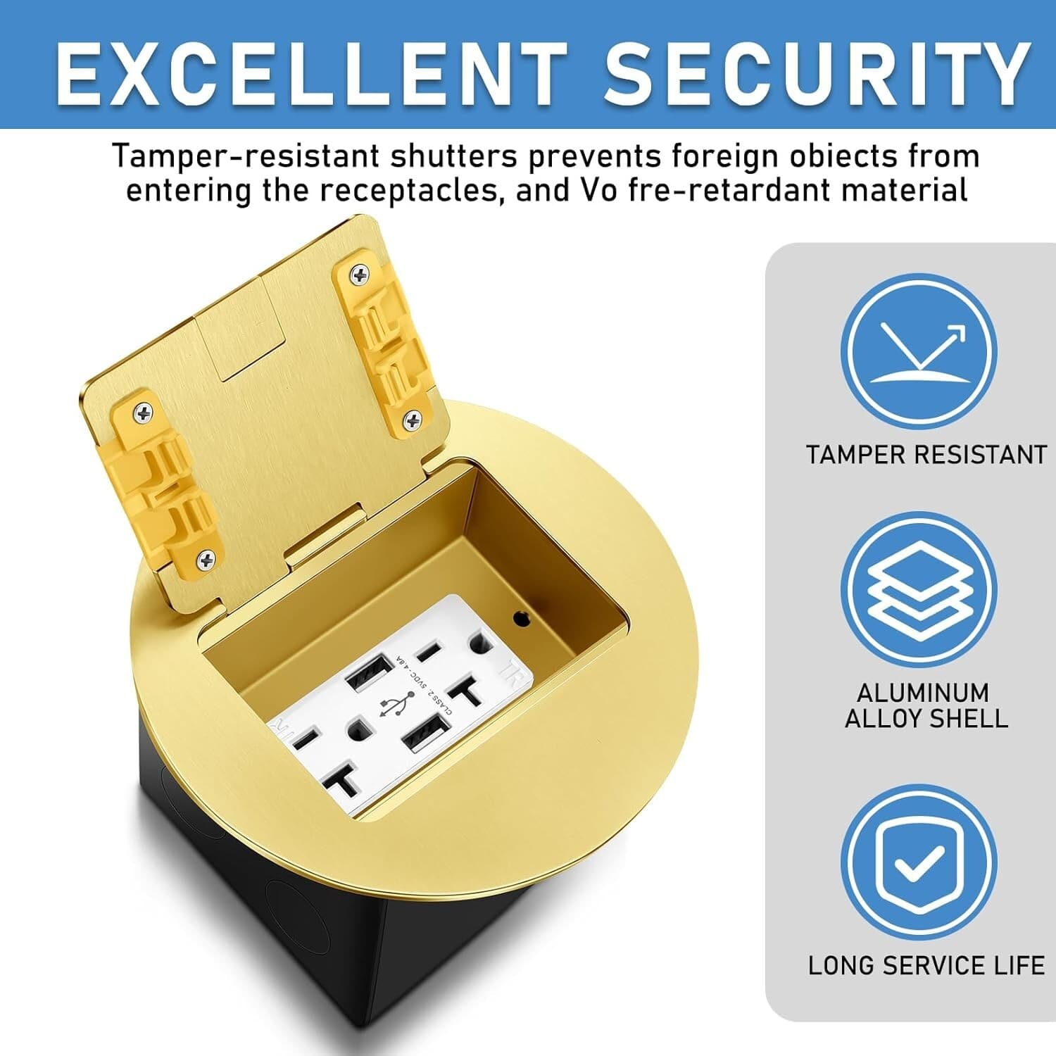 Kanayu Gold Recessed Floor Outlet 3.98"x3.66"x3.15" 1-Gang with 4.8A USB Charger 3