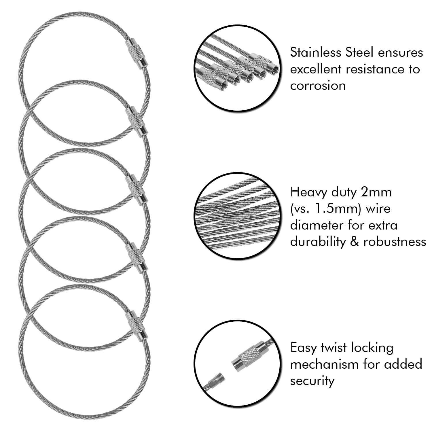 2mm Stainless Steel Wire Keychain 6.3" Aircraft Cable Key Ring Luggage Loops 3