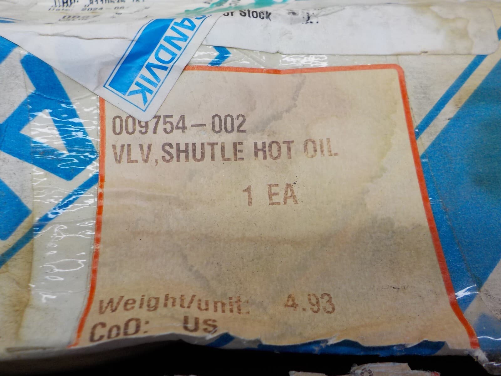 Sandvik 009754-002 Valve Shuttle, Hot Oil, 4