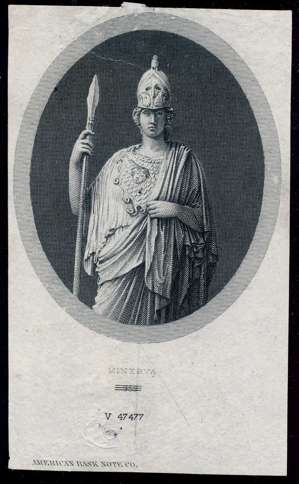 Vignette die proof on india paper, Minerva, ABNCo 1880s