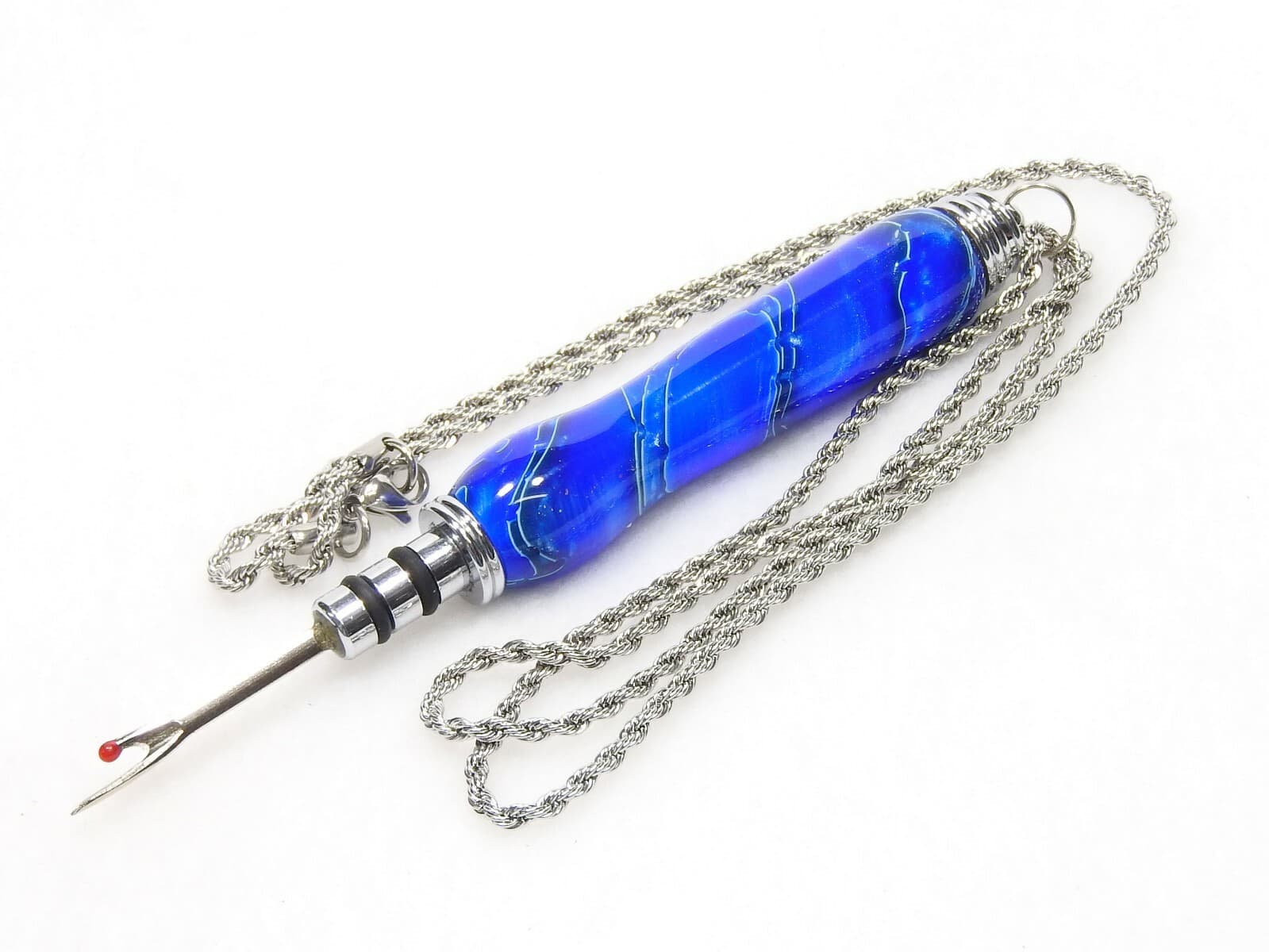 Handmade Seam Ripper Necklace w/ Stiletto, Sapphire Blue, Black, White Acrylic