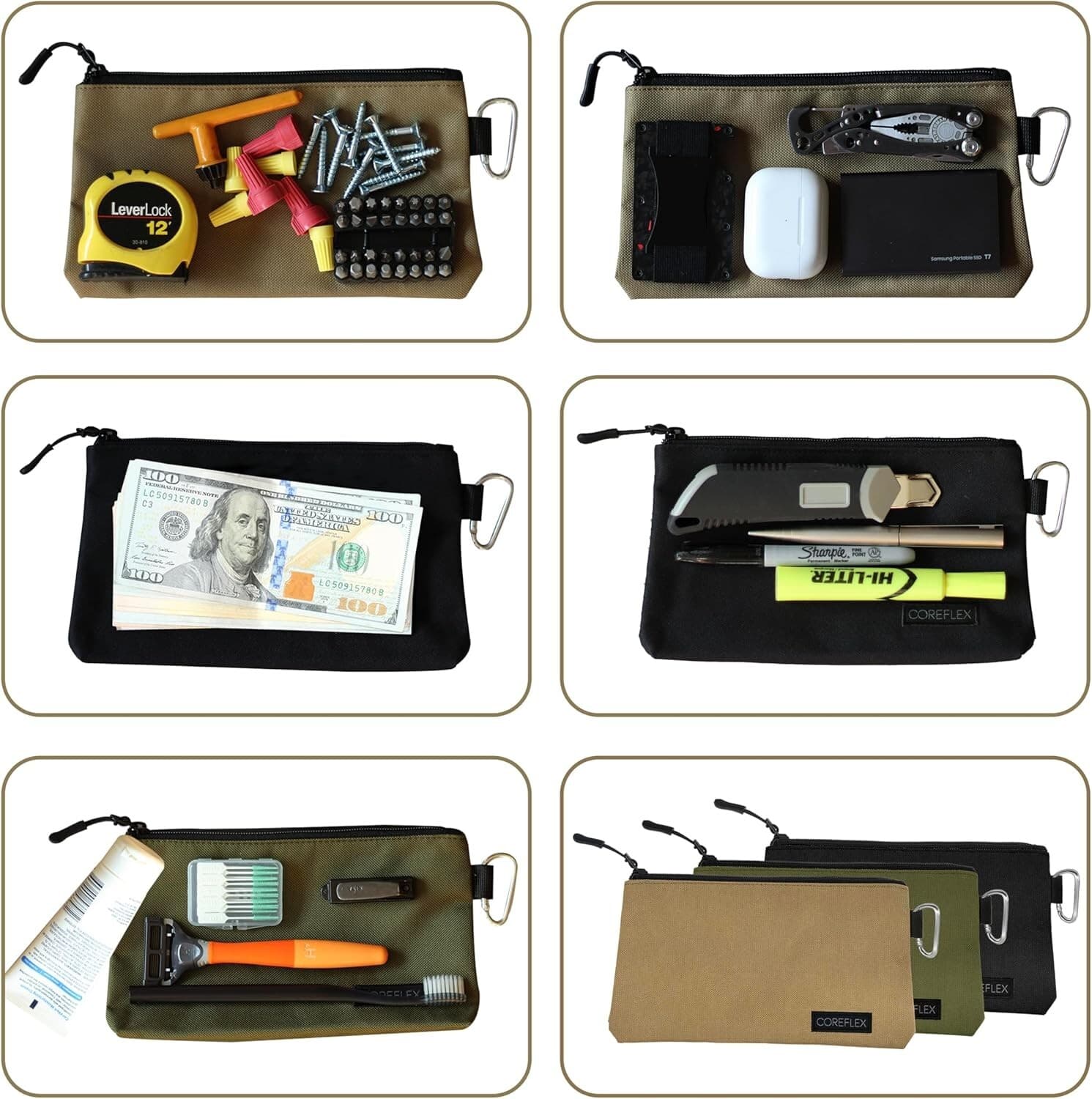 Coreflex Tool Pouch Zipper Bag, Tool bag with 3Pack Multi size 4