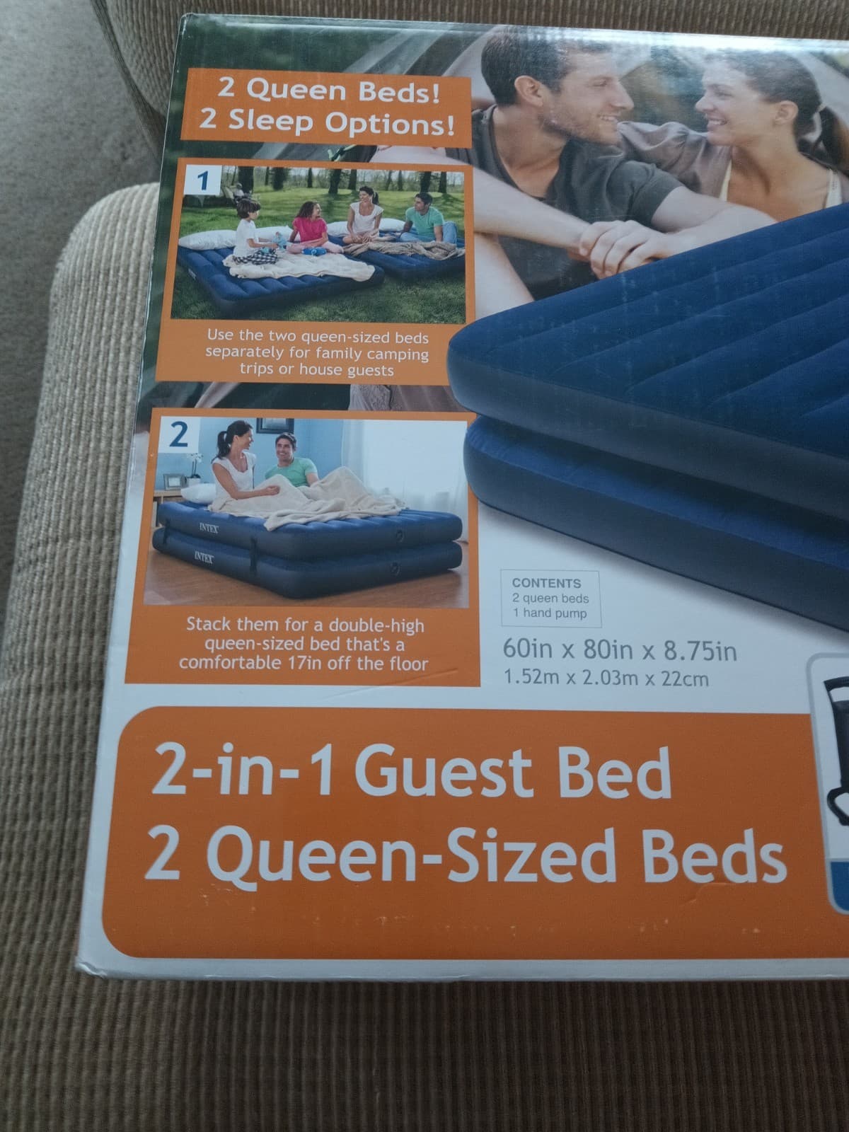 Intex 2 in 1 Guest Bed 2 Queen Sized Air Mattress Beds w/ Hi Output Hand Pump 2