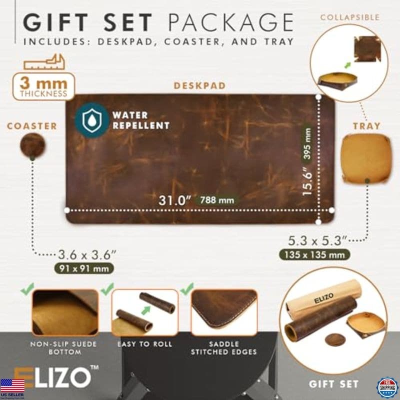 ELIZO Leather Desk Pad Mat 31x15.6" Thick 3mm Double Layer Blotter Protector 2