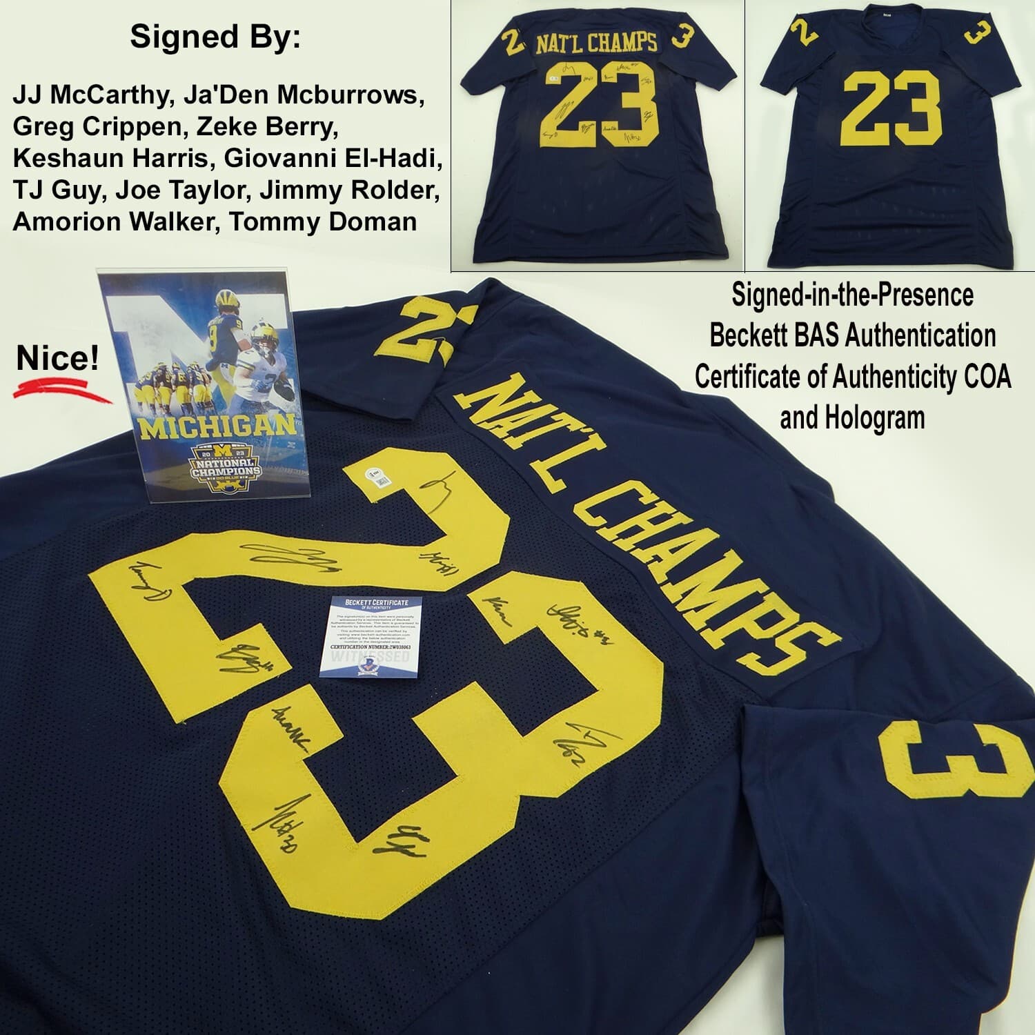 2023 Michigan Wolverines Team Signed Jersey JJ McCarthy & 12 Others w/BAS COA