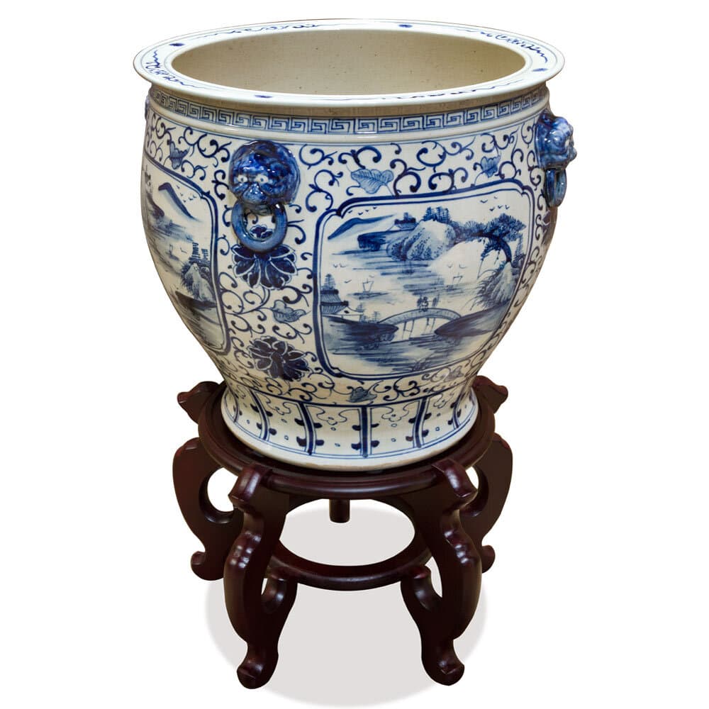 US Seller - 16.5 Inch Blue and White Porcelain Scenery Chinese Fishbowl Planter 2