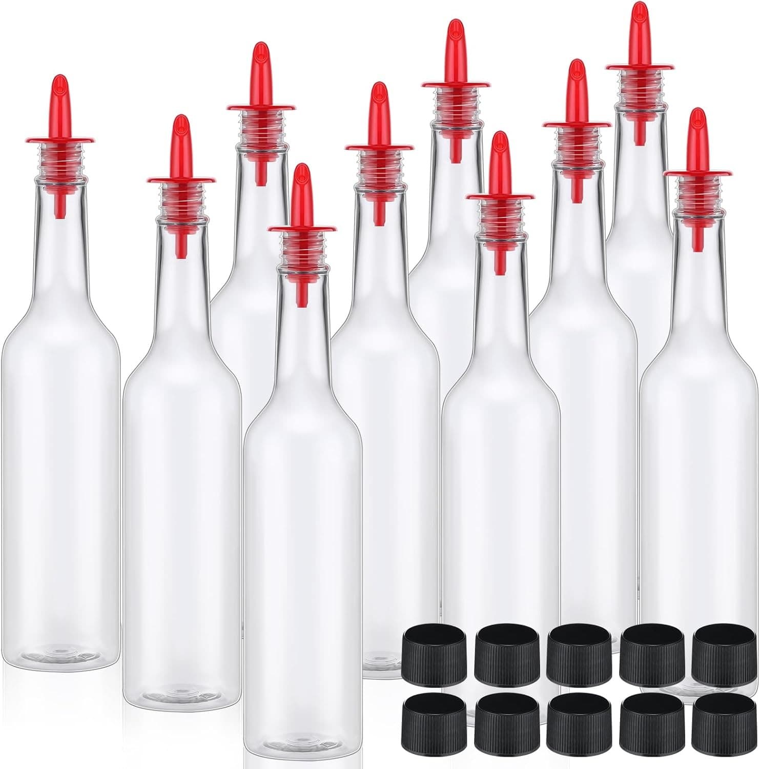 Tioncy 10 Sets 15oz Plastic Liquor Bottles with Pourers and Caps Red