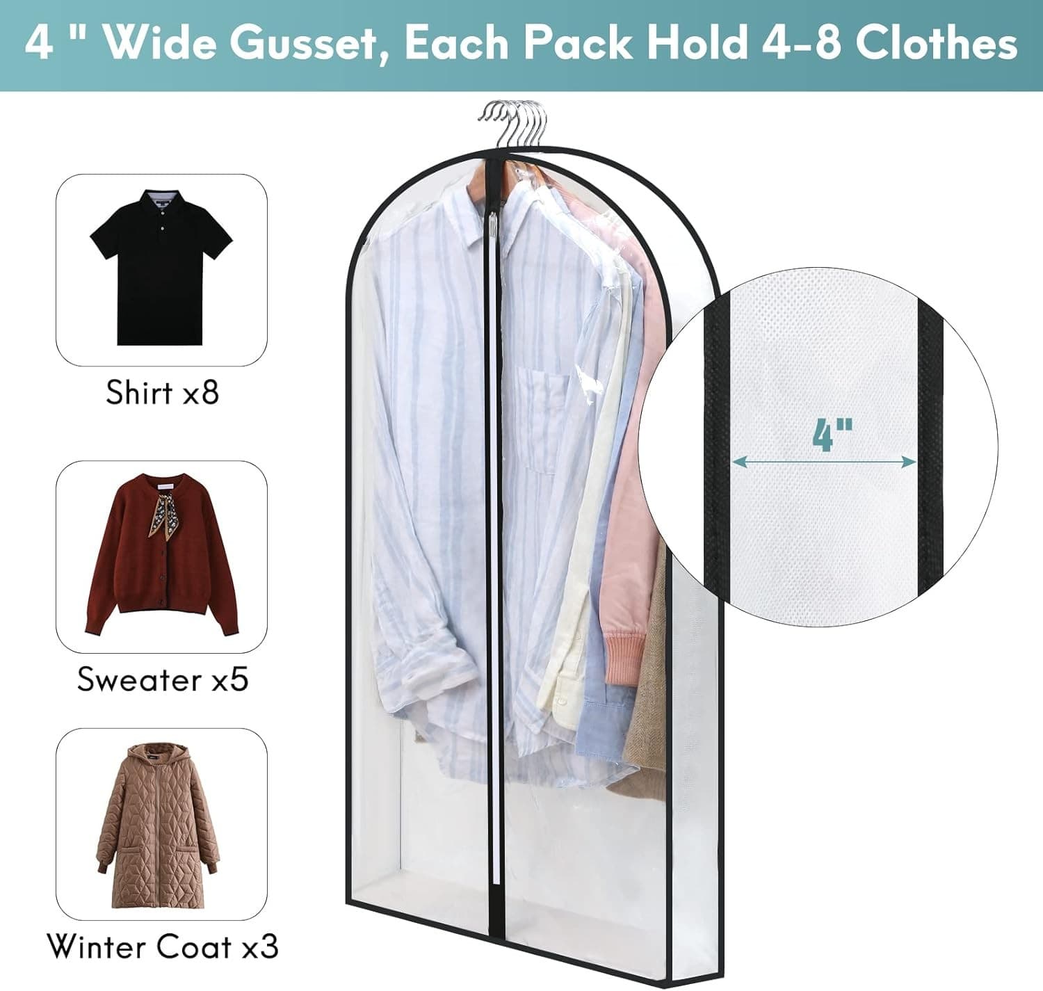 3PCS Clothes Garment Bags Clear Dust Cover Storage 4" Gussetes Suits Coat Jacket 3