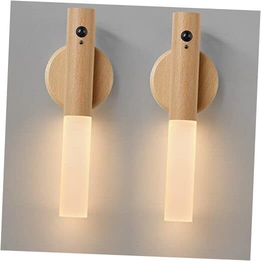  Wall Sconces Set of Two Battery Operated, White Ash Wood Black Sensor-2PCS