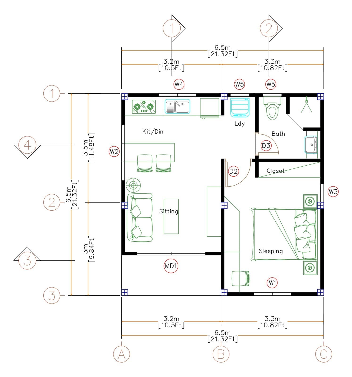 21x21 Feet Tiny House Plans 6.5x6.5 Meter 1 Bed 1 Bath Gable Roof (A4 Hard Copy) 2
