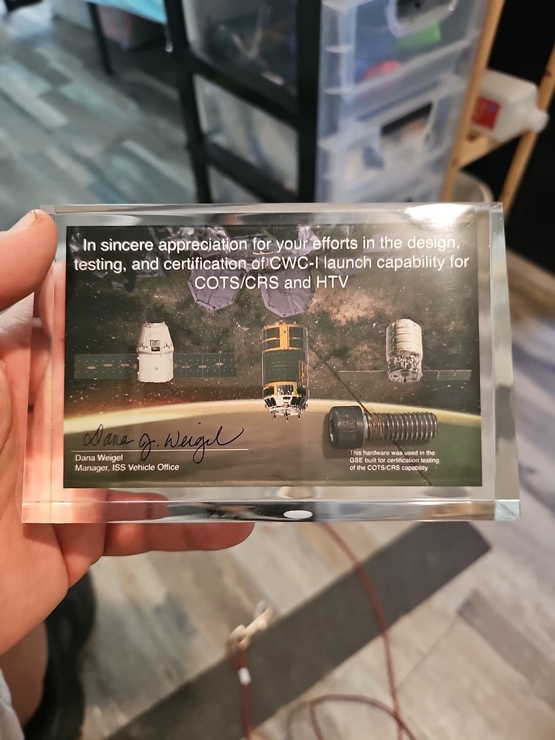 NASA ISS COTS/CRS & HTV Certification Plaque w/ Bolt Hardware – Dana Weigel Sign
