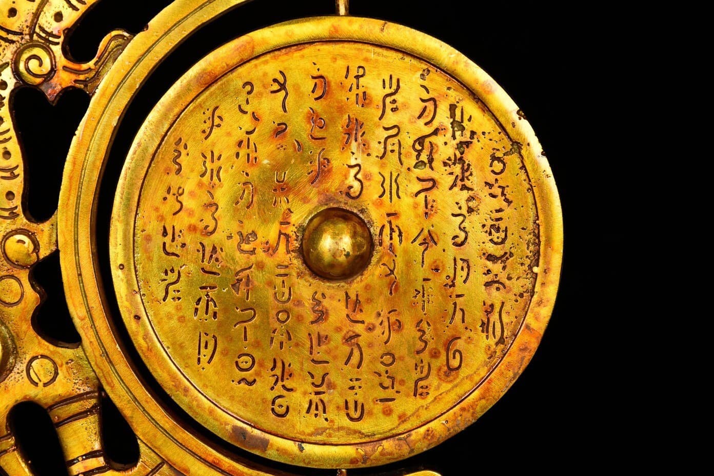 11.2" Ancient Warring States bronze Hand carving Gilt dragon Phoenix mirror 3