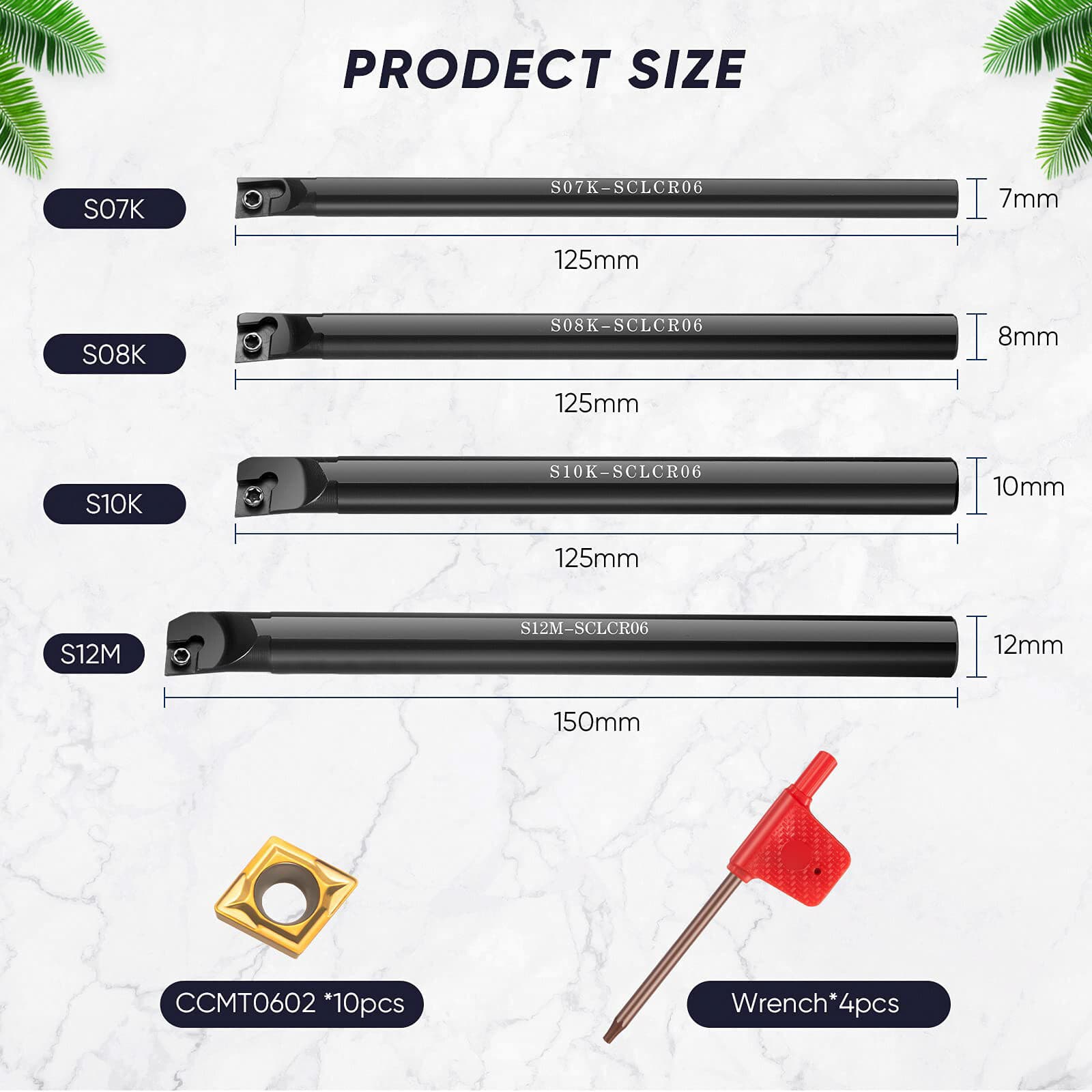 4pcs Boring Bar Set S07K/S08K/S10K/S12M-SCLCR06+ 4pcs wrenches and 10pcs Inserts 3