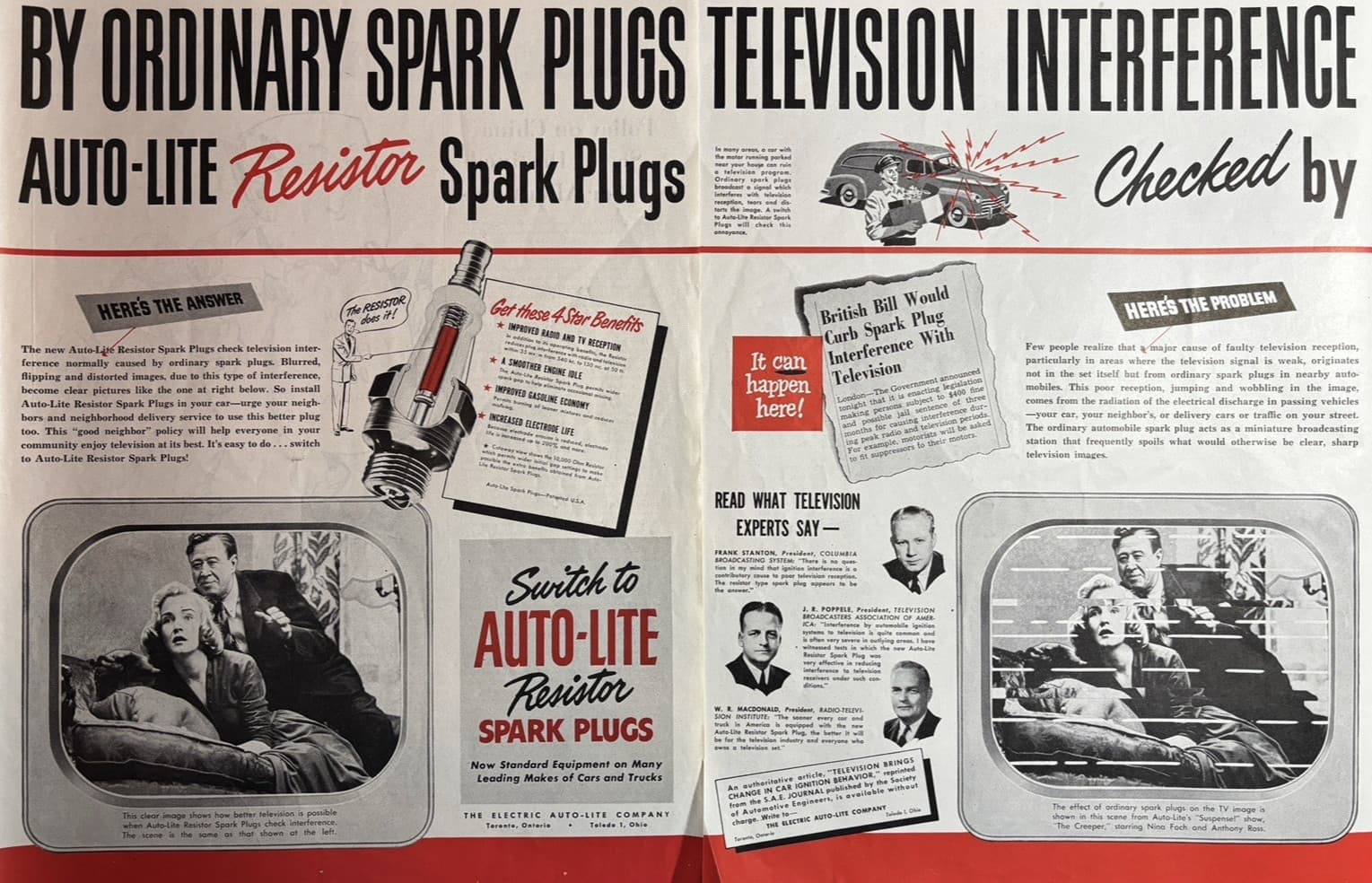1949 Auto Lite spark Plugs Resistor Cars Trucks TV Interference VTG Print Ad