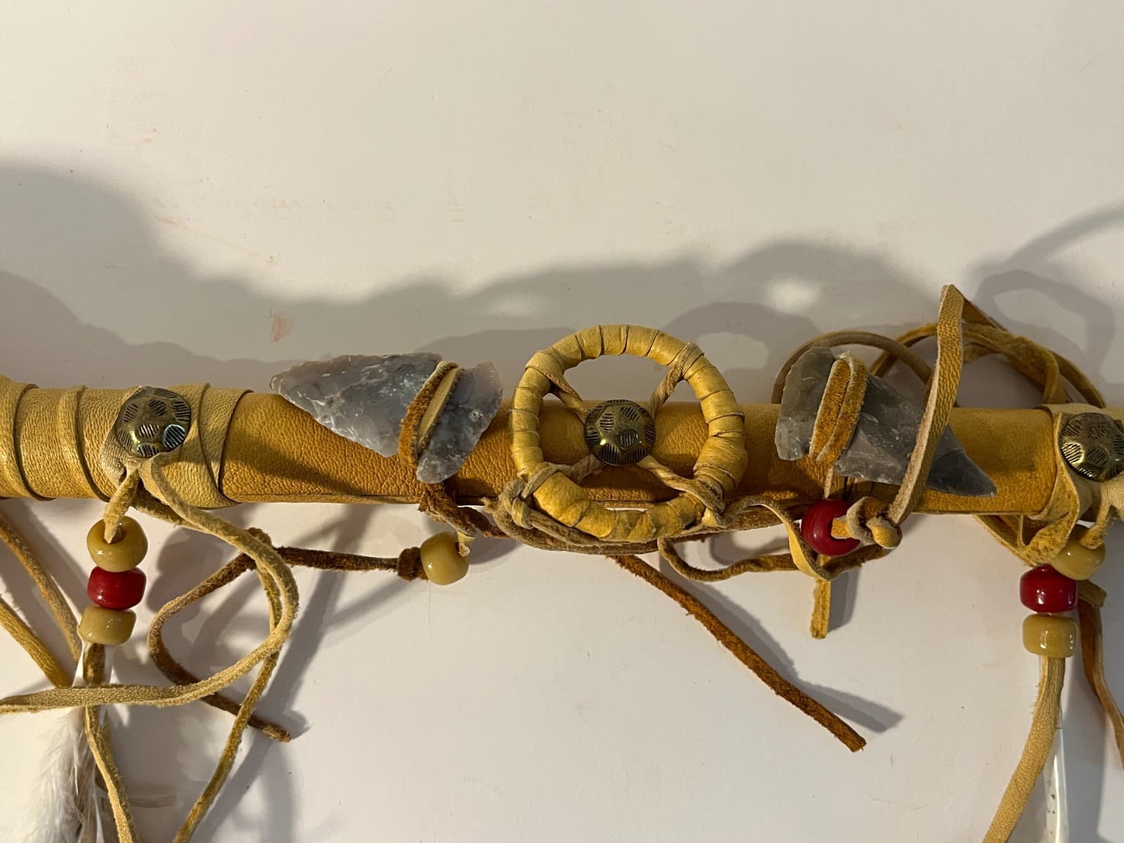 Native American Rawhide Ceremonial Turtle Rattle 15" Feathers Arrowheads Beads 3