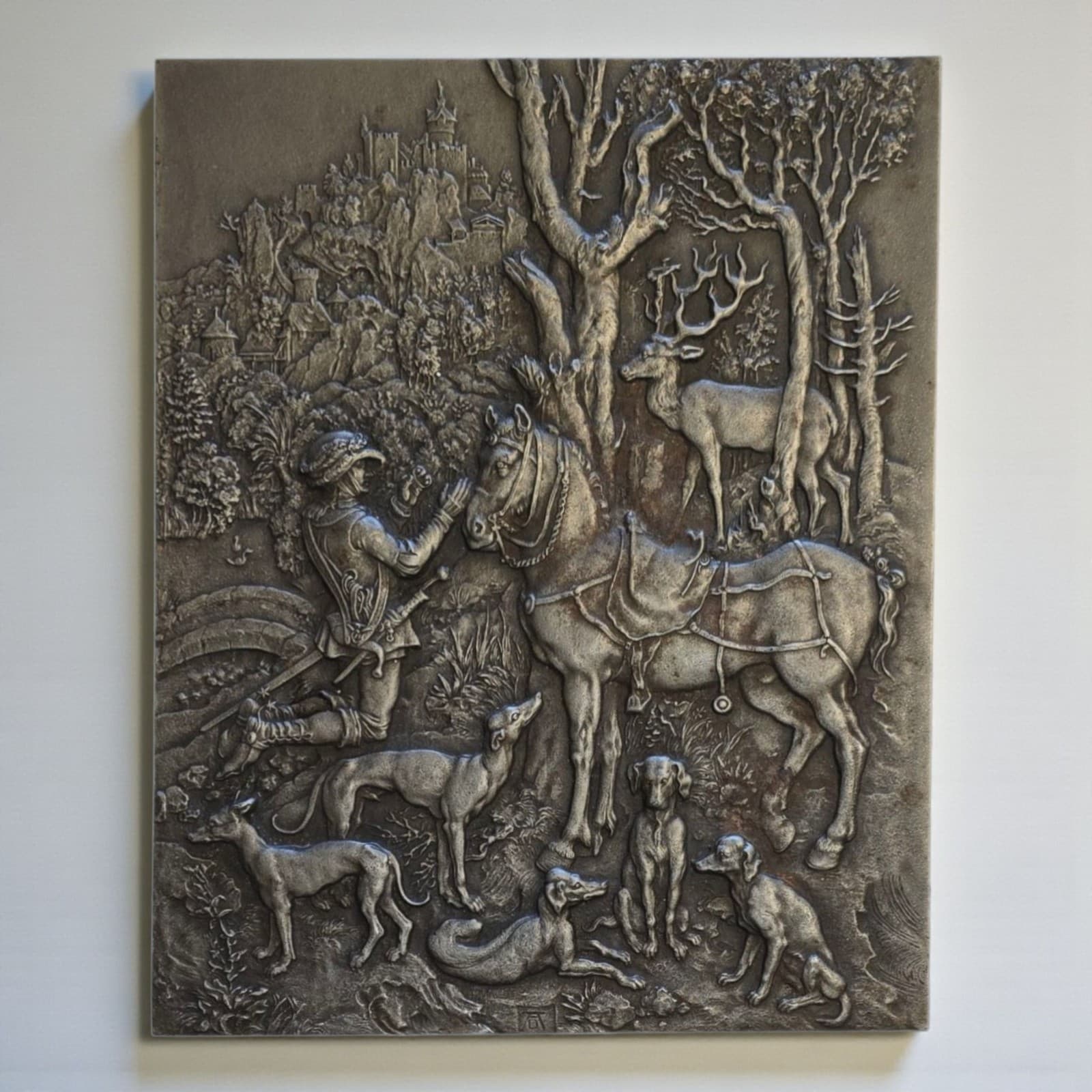 Vintage SHW Cast Iron St Eustace Wall Plaque Relief Hunting Scene 9.5 X 12.5