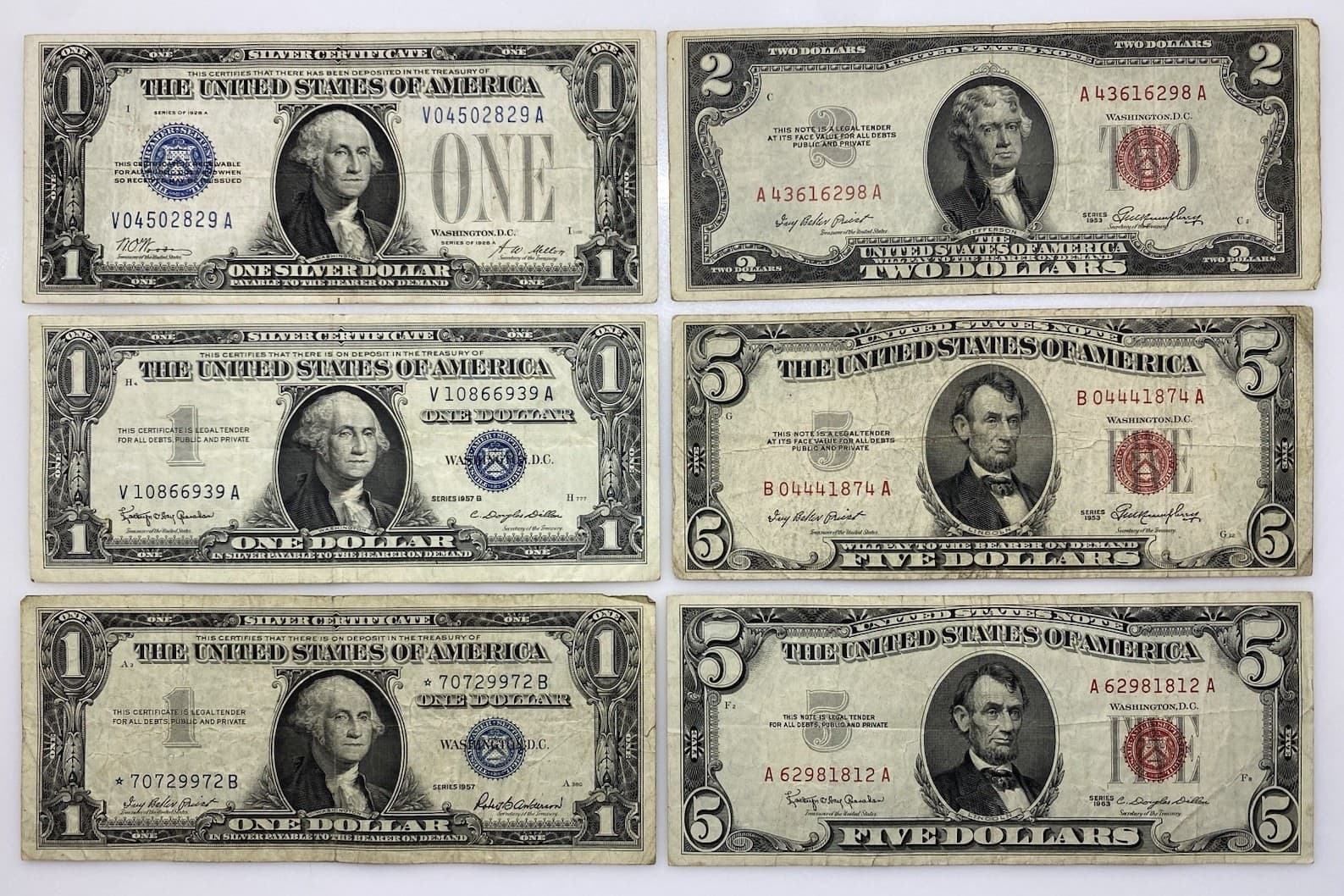 Lot of 6 Notes: 1928A ‘Funnyback’, 1957B $1, 1957 *$1, 1953 $2, 1953 $5, 1963 $5 2