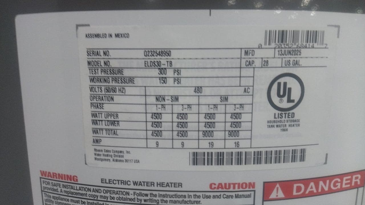 Rheem ELDS30-TB 28 Gal Tank Capacity 480VAC 9000W Electric Water Heater 2