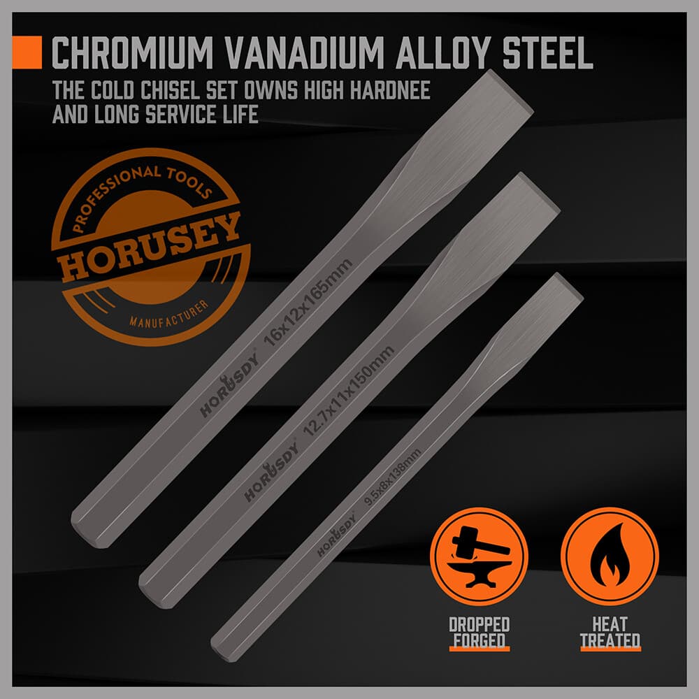 3-Piece Heavy Duty Cold Chisels Set 3/8 in 1/2 in 5/8 in CR-V Heat Treated 5