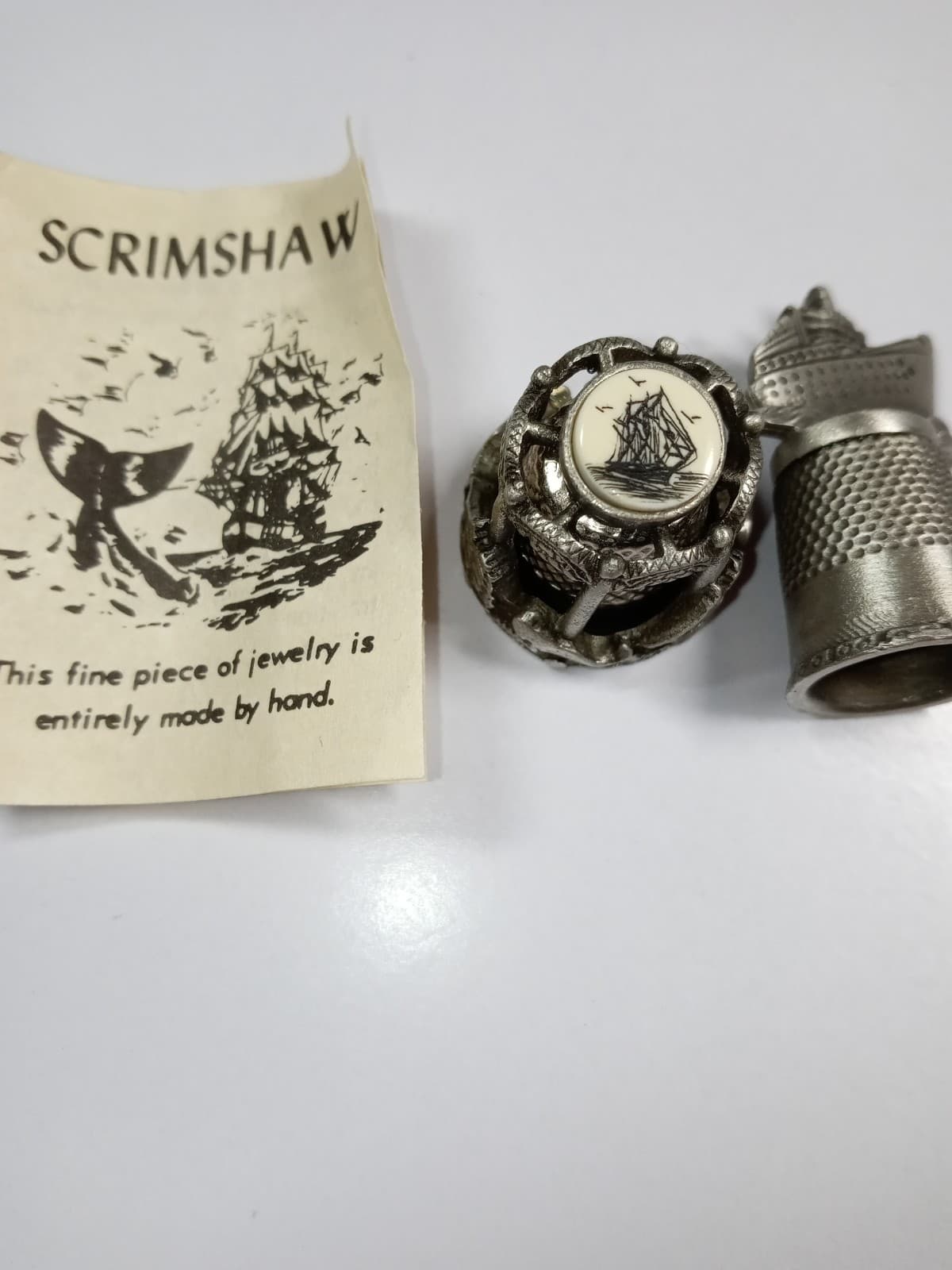Lot of 2 Thimbles Caged Pewter with Scrimshaw Top & Pewter Ship from Fort Inc 2