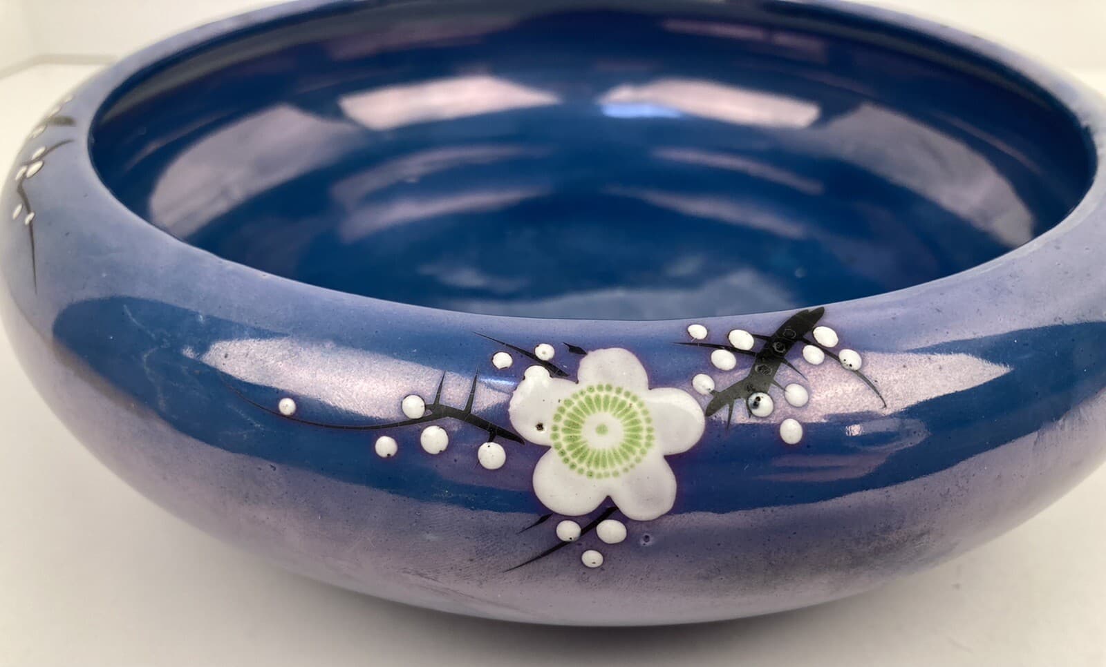 Japanese Shallow Pottery Bowl Blue Opalescent No Chips Flowers 8.5"AcrossX2.5" 5
