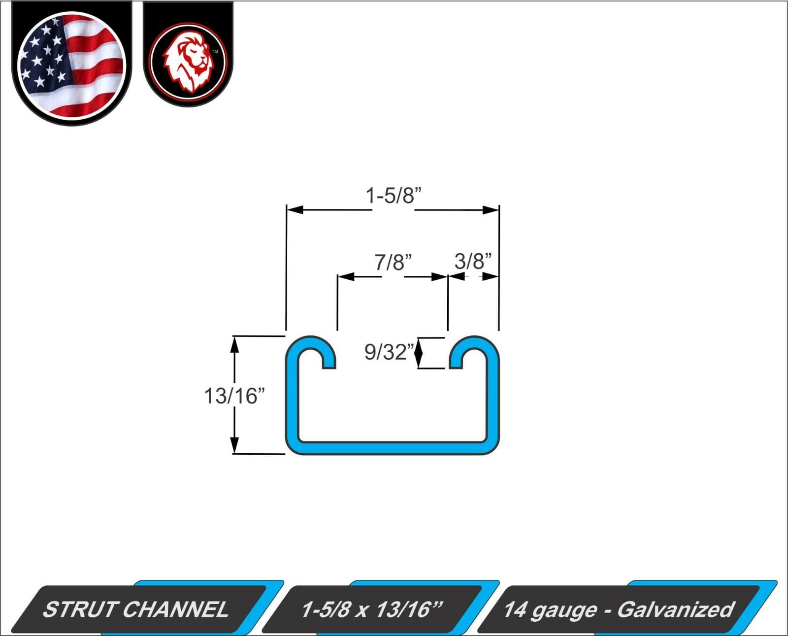1-5/8" x 13/16" Strut Channel - Galvanized - Slotted - 14 gauge - 12" inch long 3