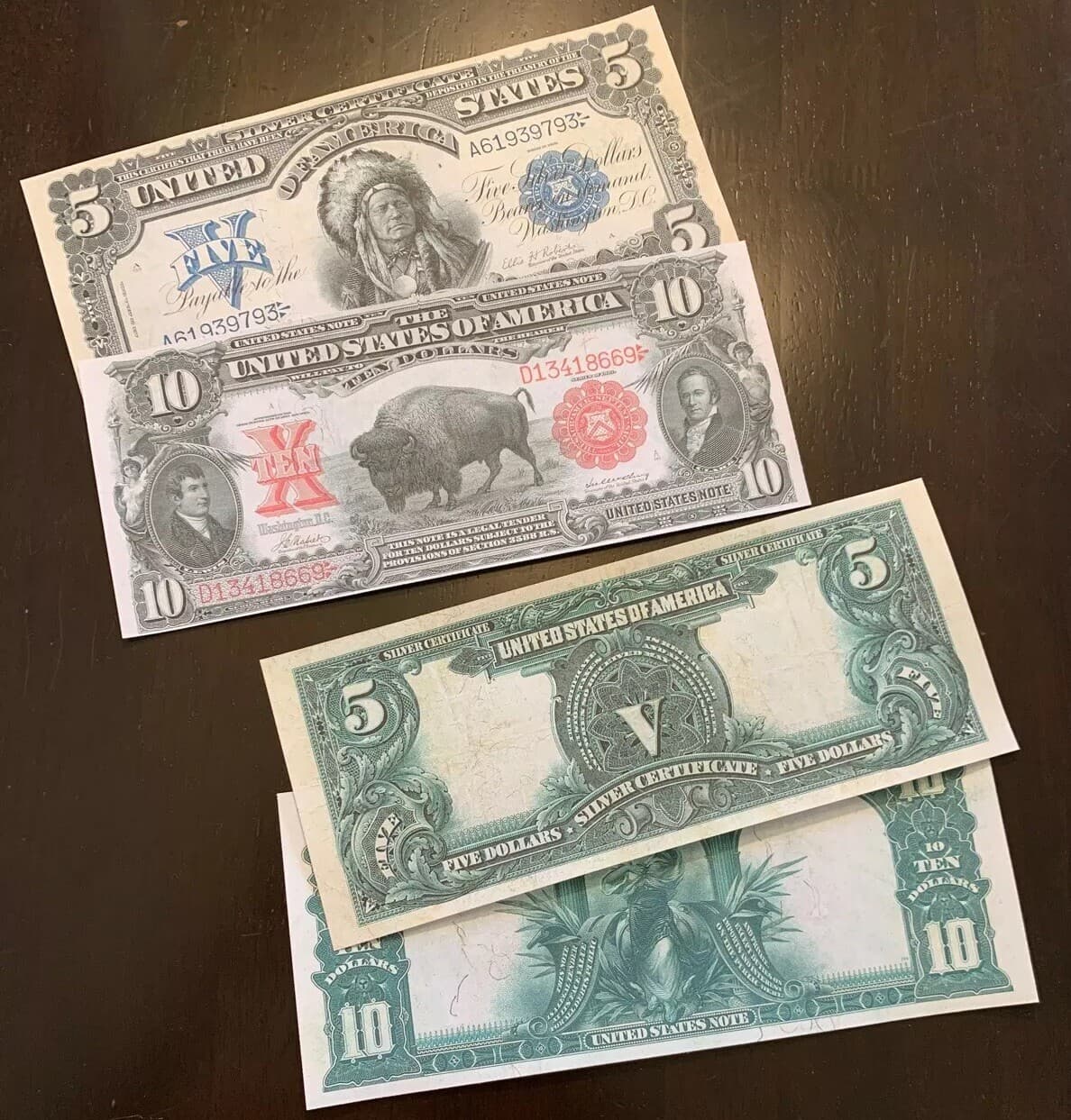 Reproduction $5 Silver Cert Indian Chief 1899 $10 US Note Bison 1901 Read Below! 4
