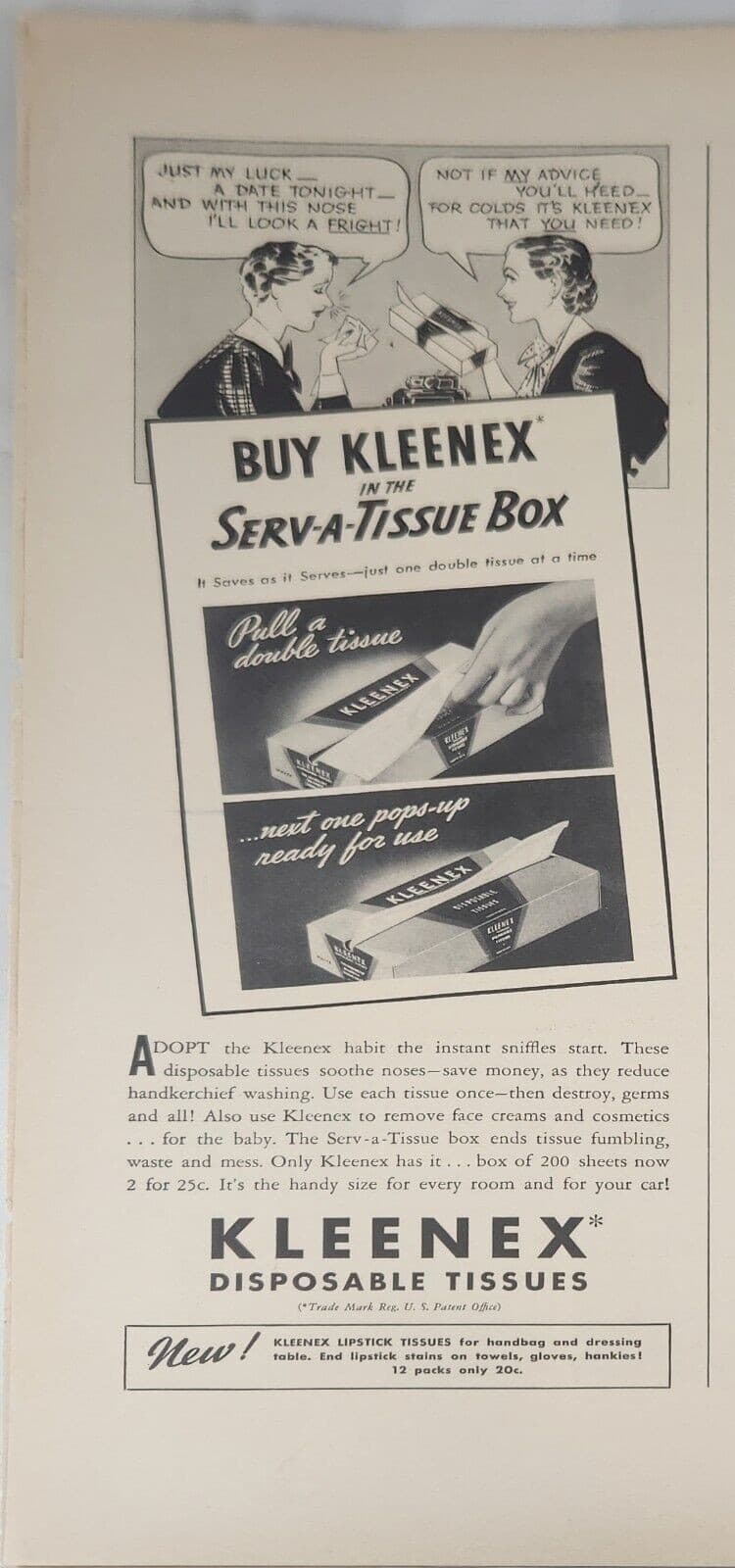 1938 Kleenex Disposable Tissues Vintage Ad serv a tissue box