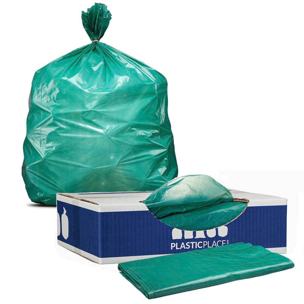Plasticplace 32-33 Gallon Trash Bags - Green, case of 100 bags