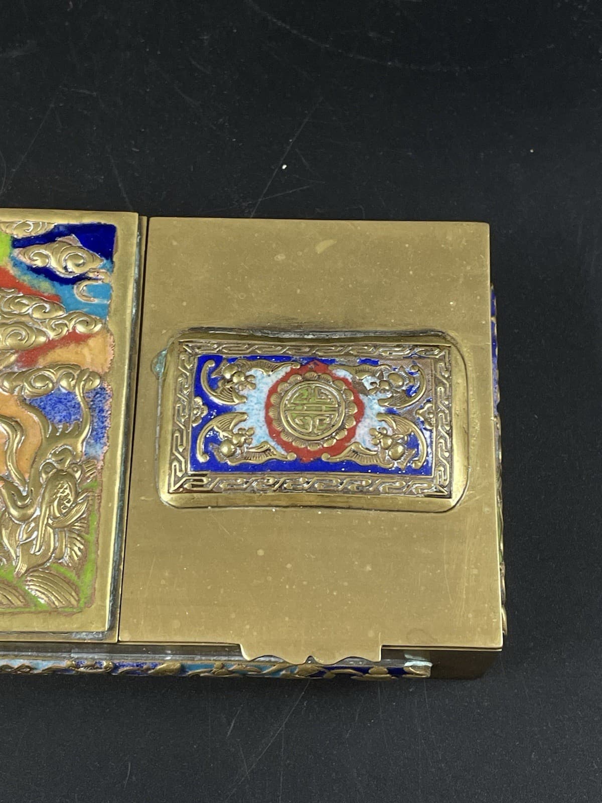 Vintage Chinese Brass & Enameled Stamp Jewelry Trinket Box Temple & Chinoiserie 4