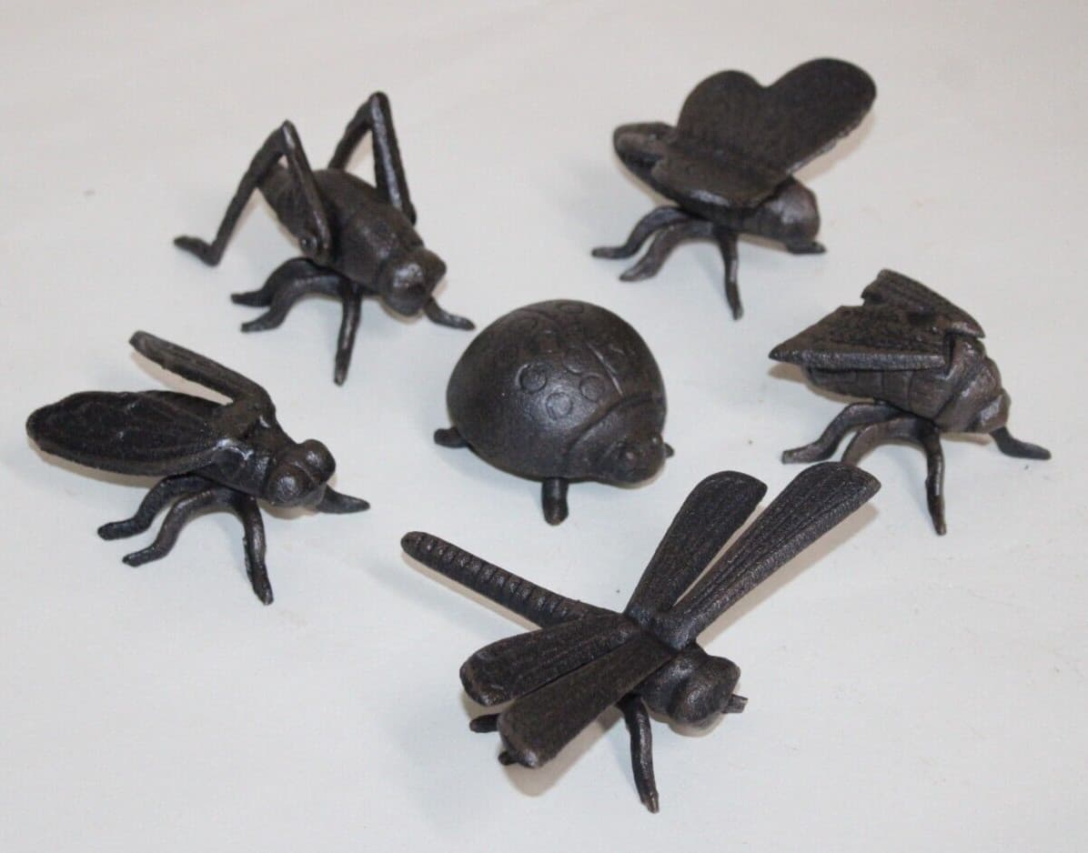 Cast Iron Butterfly Dragonfly Lady Bug Moth Cricket Cicada Figurines- Set Of 6 2