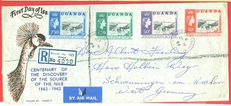 Uganda NILE Centenary on NAIROBI KENYA Cancel Registered FDC Cover to Germany