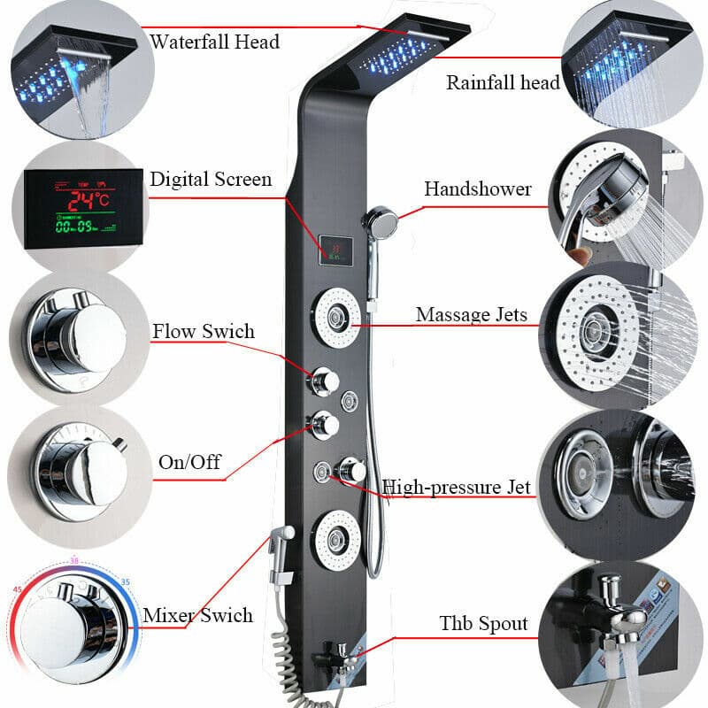 ELLO&ALLO LED Black Rainfall Shower Panel Tower Faucet Massage Body Jets System 6