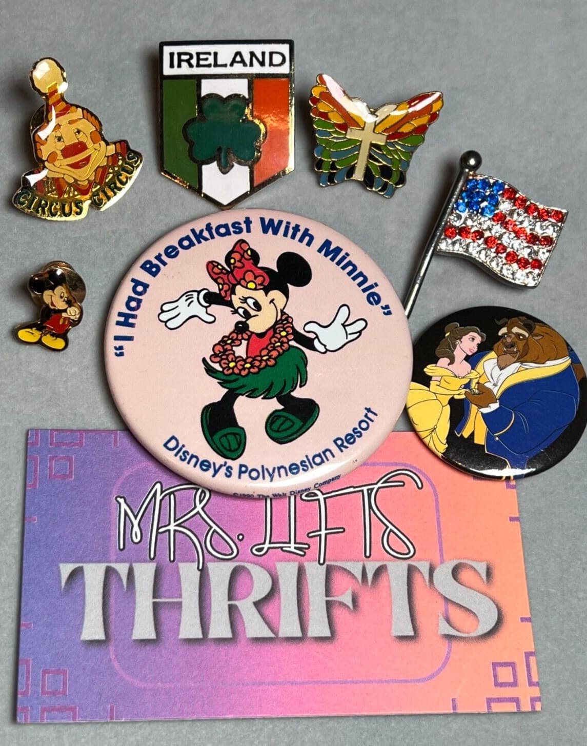 Lot of 7 Vintage Pinbacks Buttons Mickey Minnie Mouse Disney Circus Beauty Beast 2