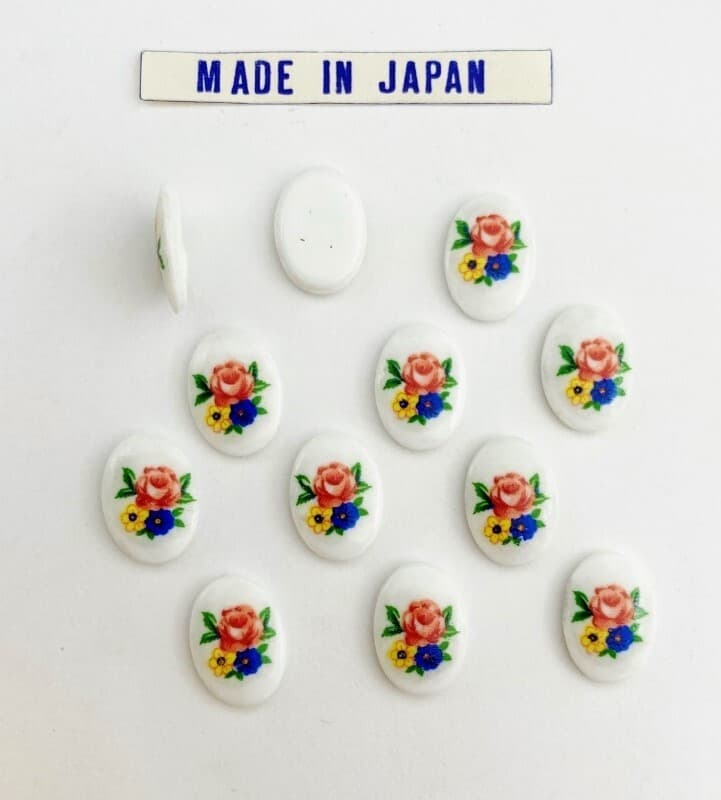 12 Vintage Japan Glass Pink Rose, Yellow & Blue Flowers 14x10mm. Oval Cameos 372 2