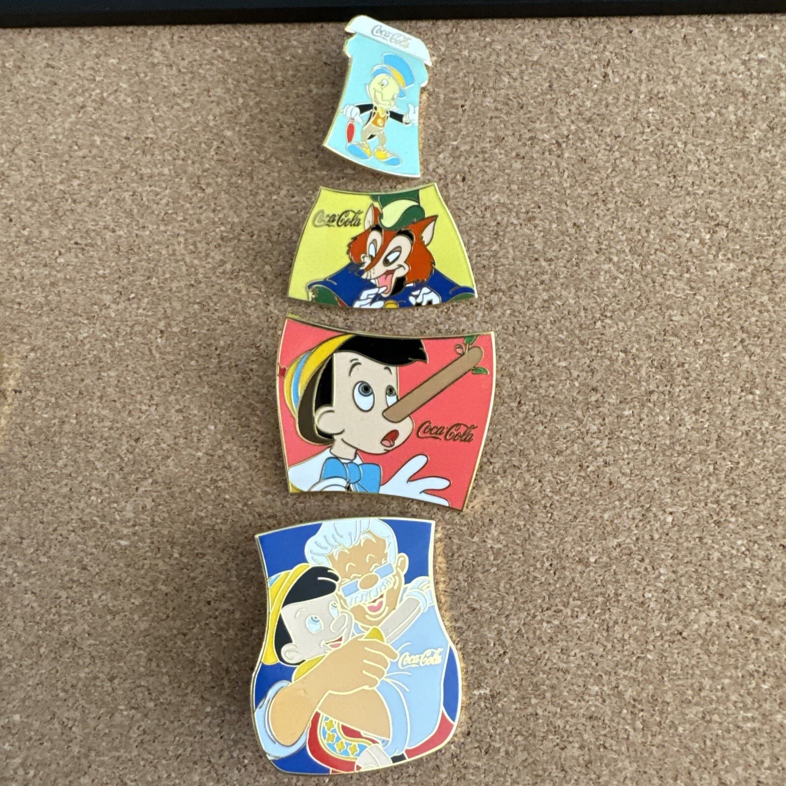 Disney Pinocchio Fantasy Pin Set Coke Bottle LE 100 Jiminy Geppetto Honest John 2
