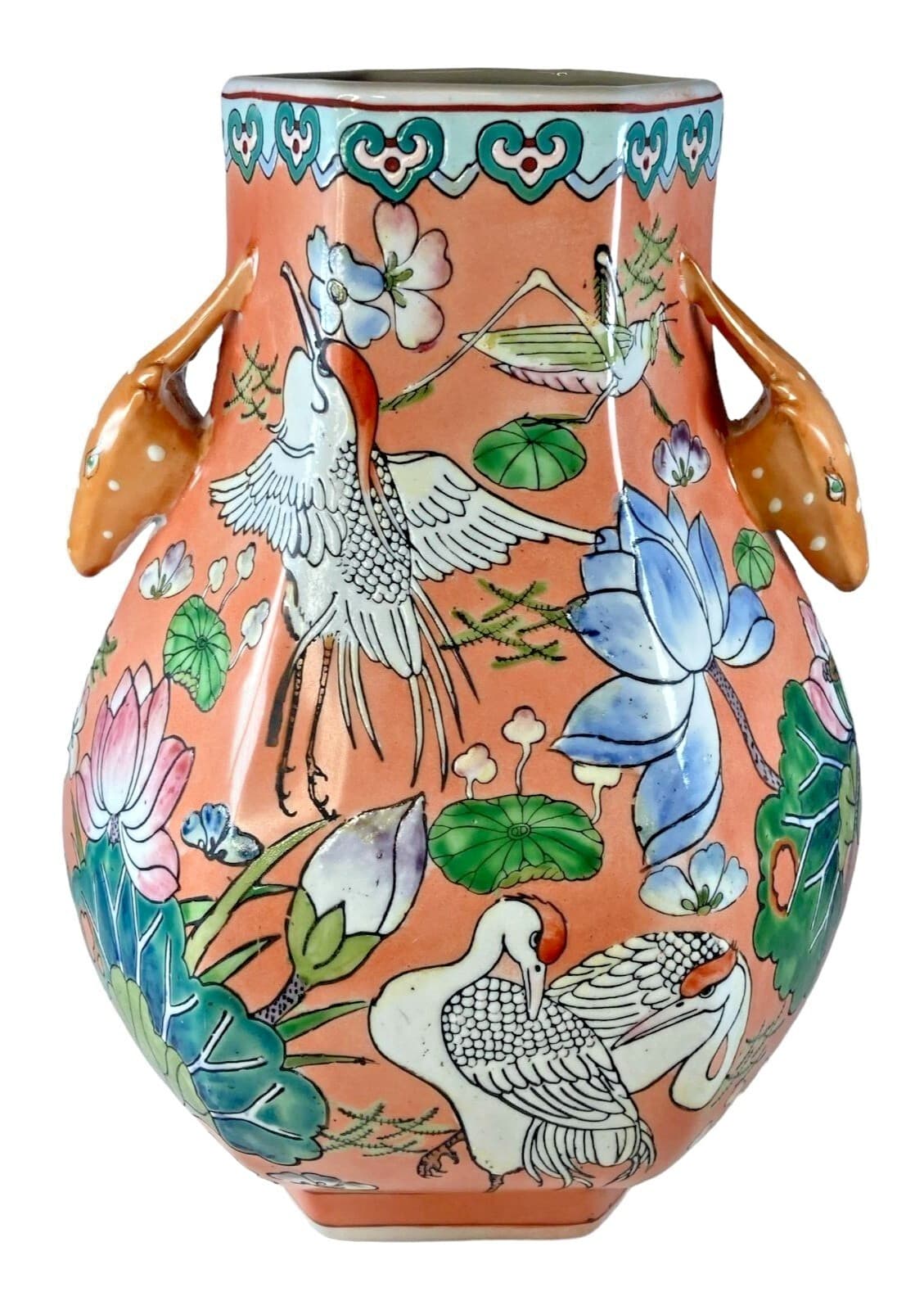 Hand Painted Vase Double Handle 12” Modern Reproduction Quianlong Style Birds