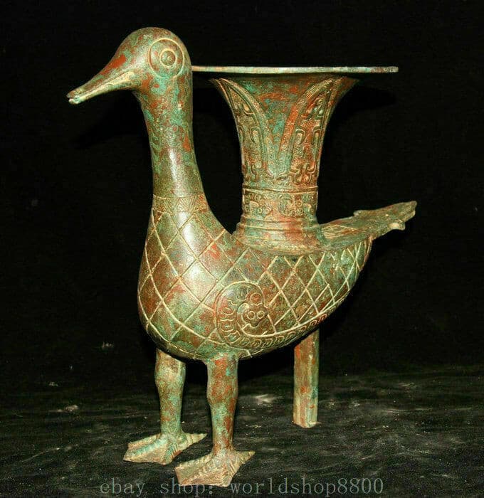 12" Old Chinese Xizhou Dynasty Bronze Ware Quack-quack Duck Zun Wine Vessel 6