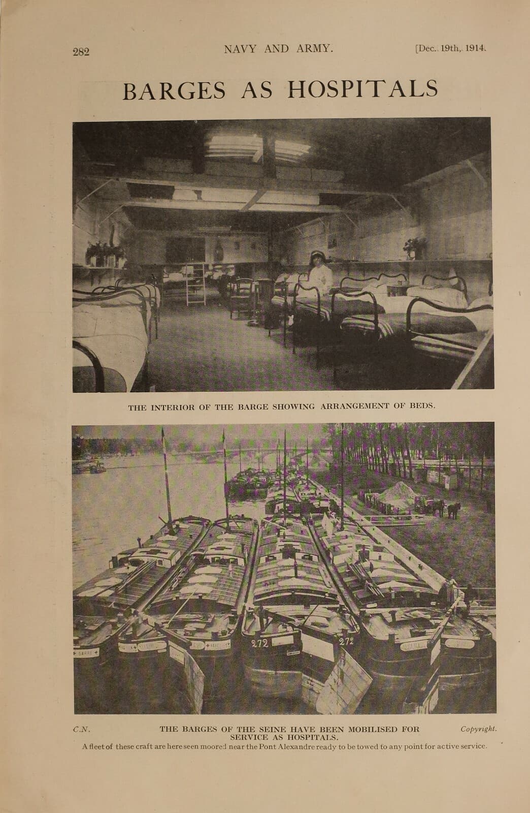 1914 WW1 PRINT BARGES AS HOSPITALS INTERIOR BEDS ON THE SEINE MOBILISED SERVICE