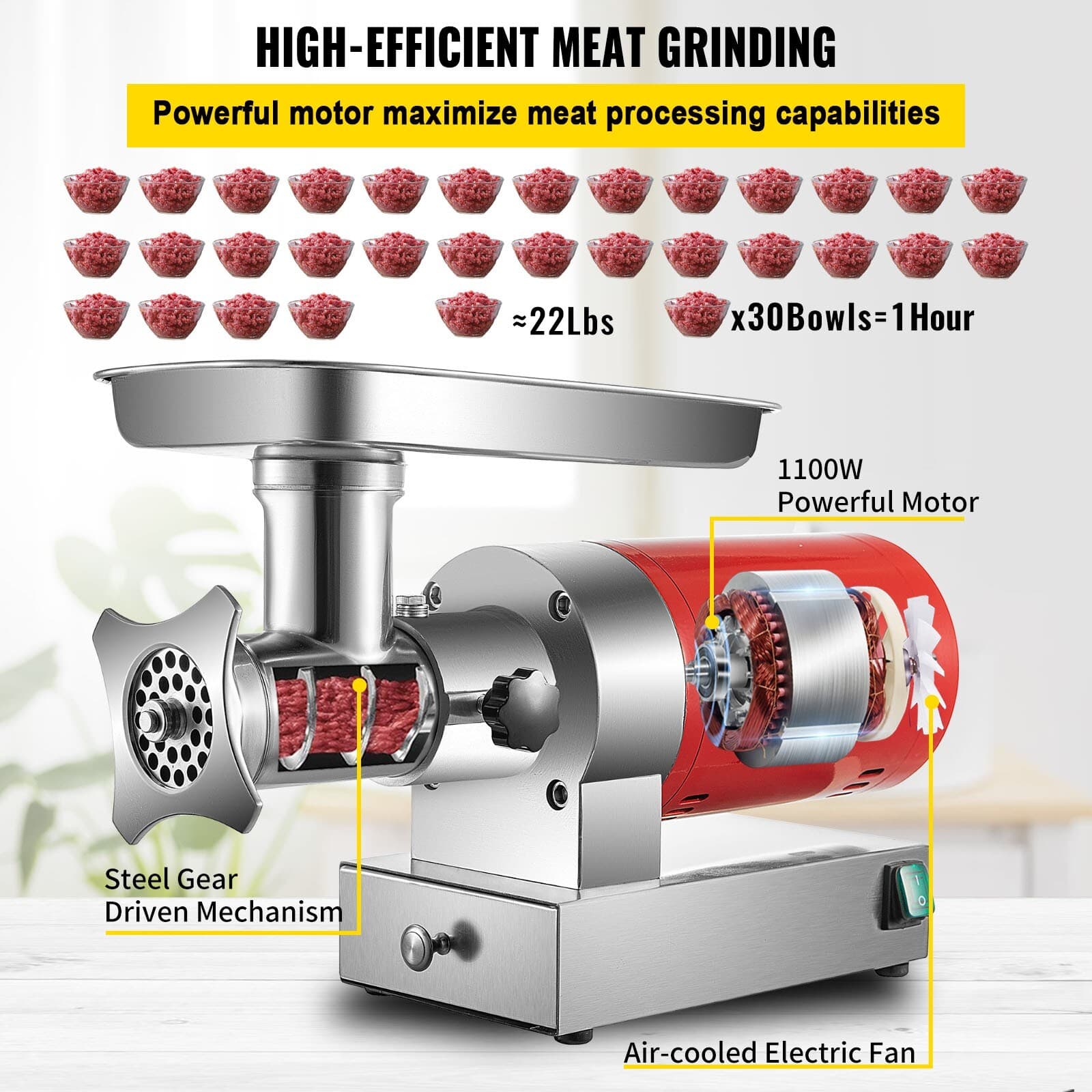 Commercial 660lbs/h Meat Grinder Electric 1.5HP Sausage Stuff Filler Meat Mincer 4
