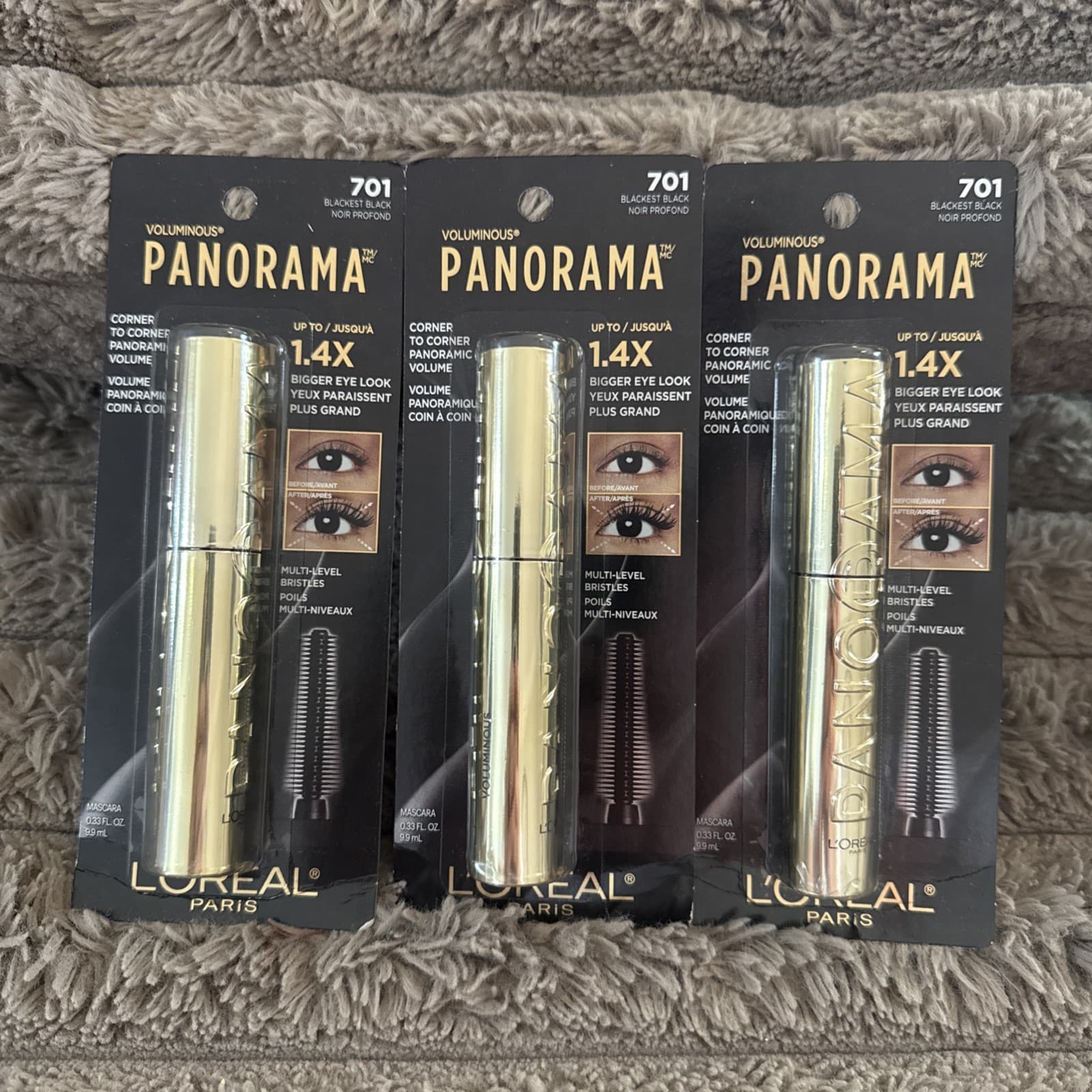 3PK Loreal Voluminous Panorama Mascara ~ 701 Blackest Black ~ 0.33 FL OZ 