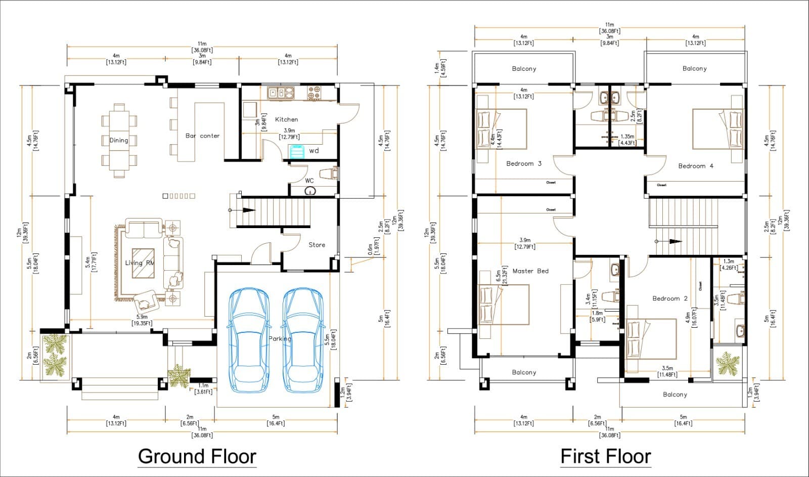 36x40 Feet House Design Plans 11x12 Meter 4 Beds 5 Baths Hip Roof (A4 Hard Copy) 2