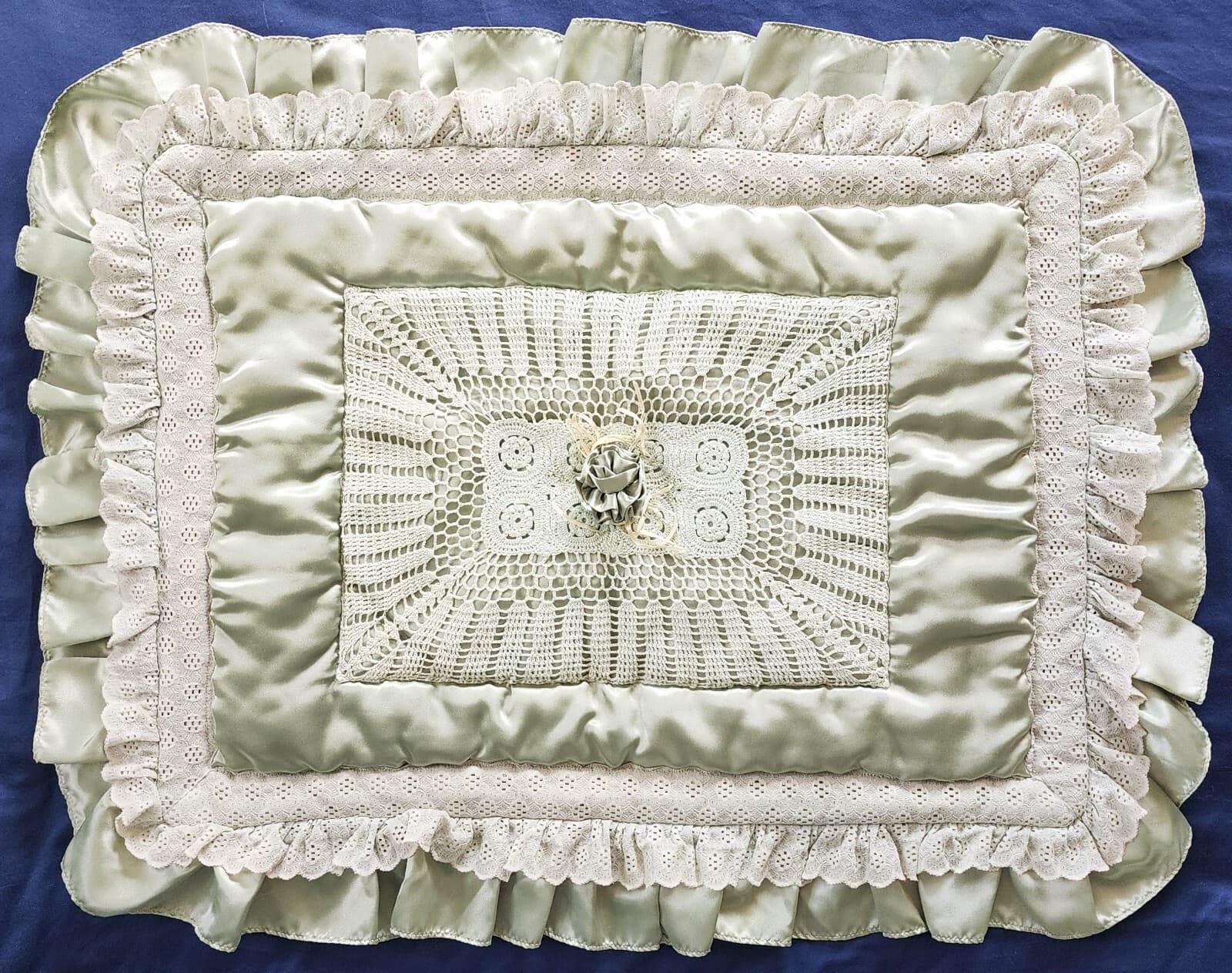 2 Vintage Green Satin Ruffled Pillow Shams with Crochet and Lace Details 4